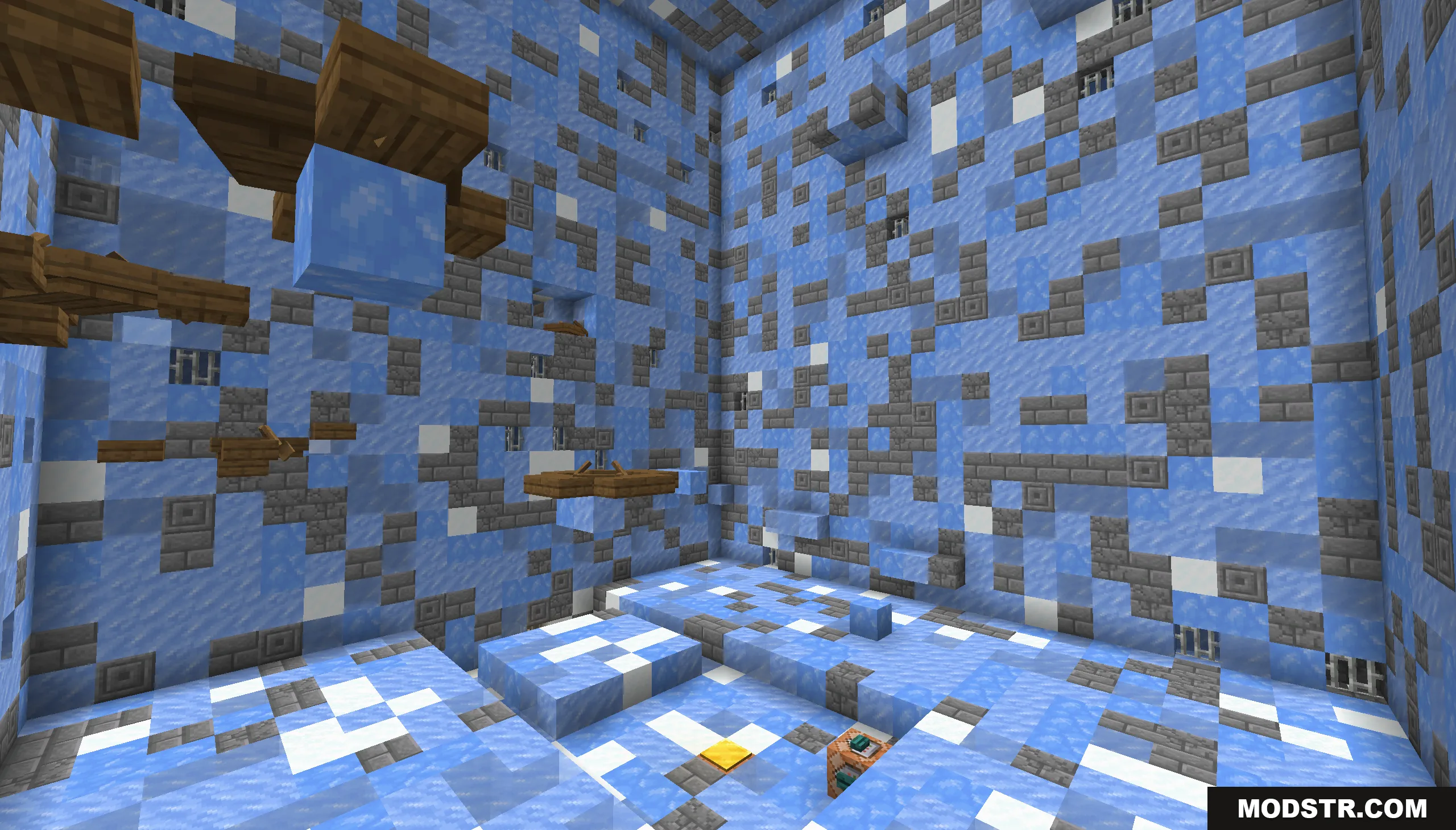 Infinite Tower Parkour Map Screenshot 6 Icy parkour room with blue ice walls and wooden trapdoor jumping platforms