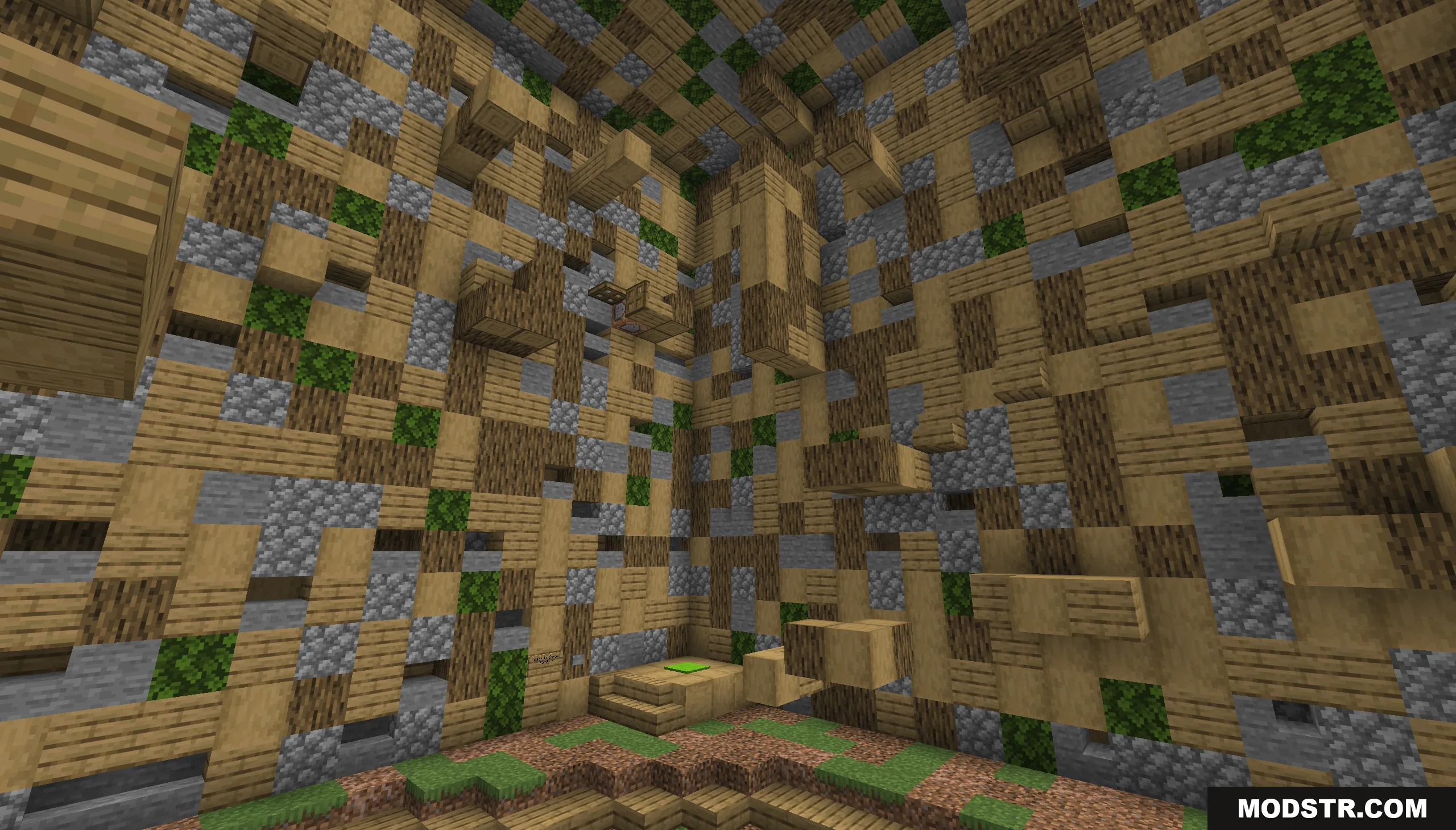 Infinite Tower Parkour Map Screenshot 2 A complex parkour course inside a room featuring wooden blocks and green leaves