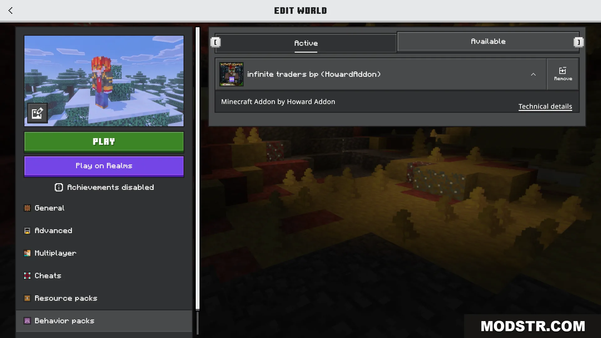 Infinite Trade Plus Addon Screenshot 1 Minecraft world settings menu showing the active infinite traders behavior pack