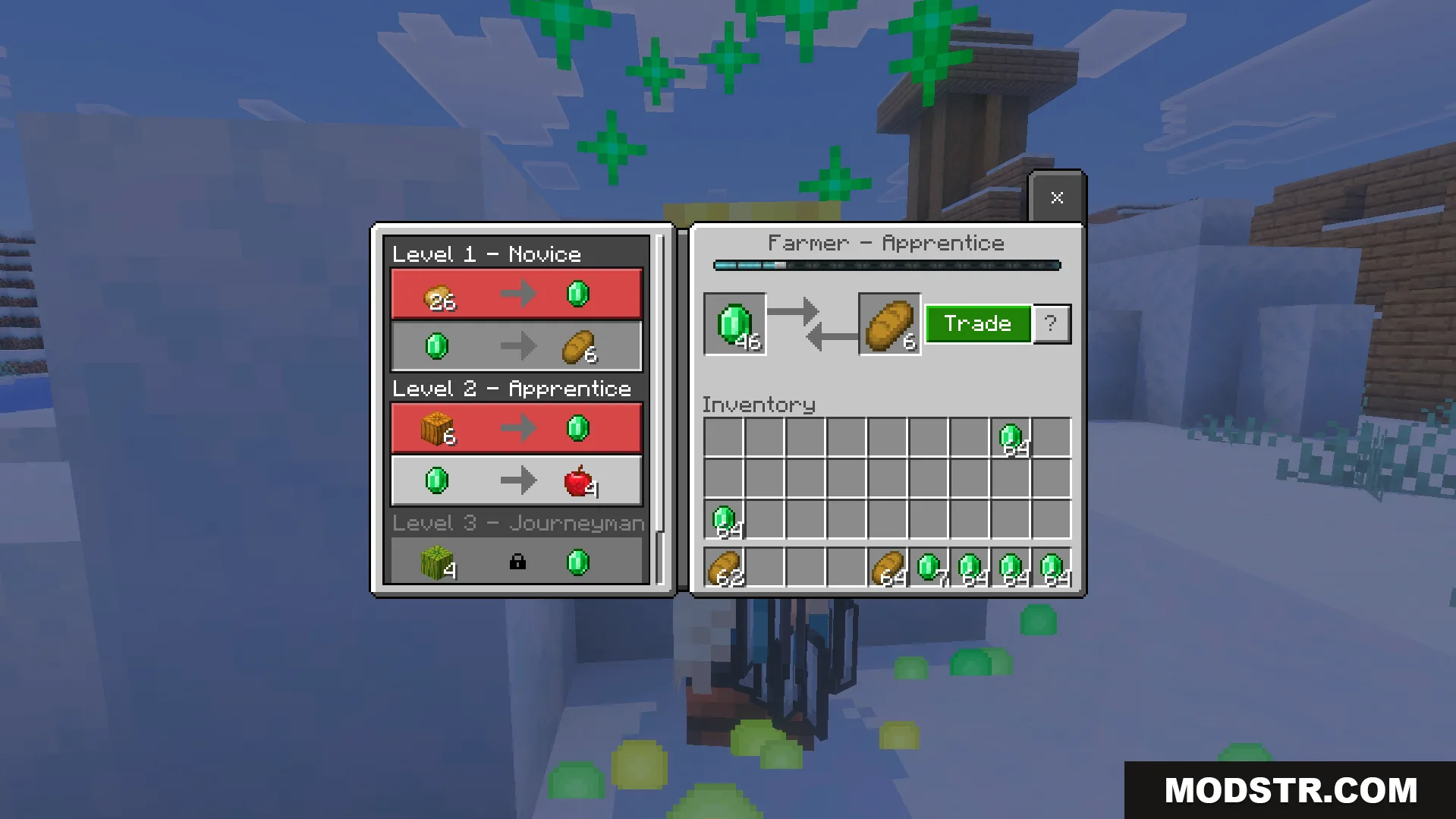 Infinite Trade Plus Addon Screenshot 9 Infinite Trade Plus Addon interface showing a farmer apprentice trading emeralds and bread