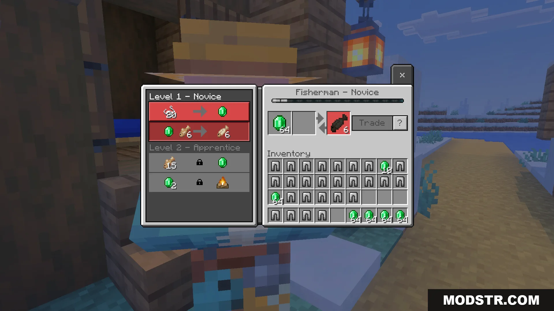 Infinite Trade Plus Addon Screenshot 7 Infinite Trade Plus Addon fisherman villager trading interface showing emeralds for cooked cod