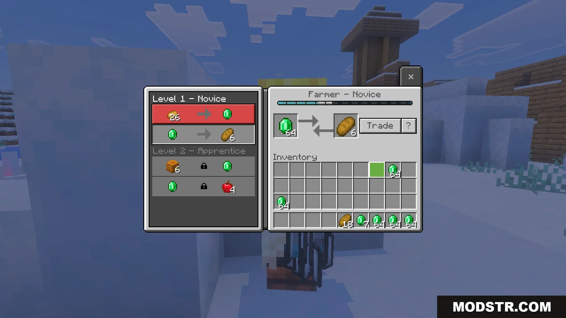 Infinite Trade Plus Addon Screenshot 8 Farmer villager trading interface showing emeralds exchanged for bread in Minecraft Bedrock