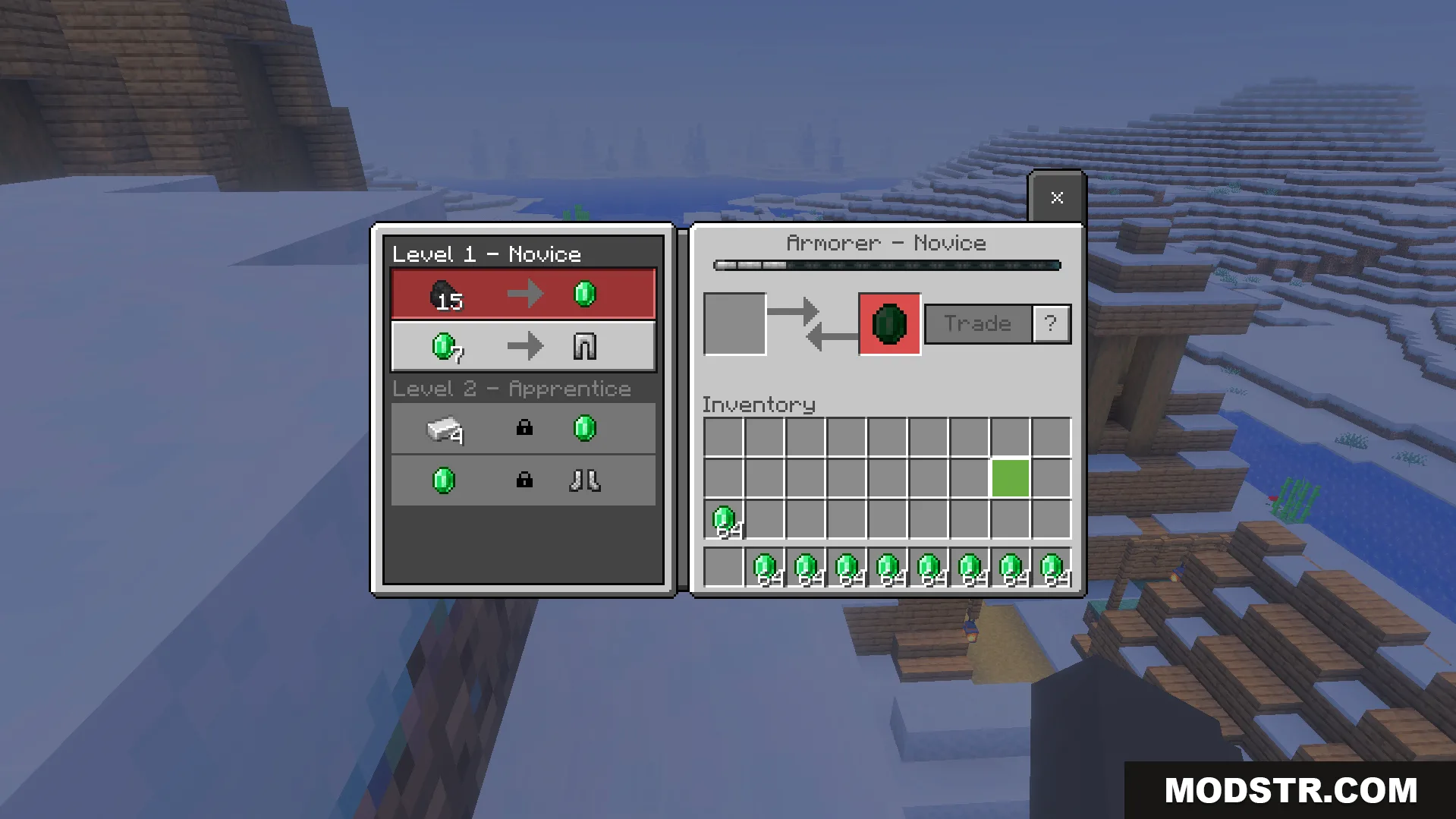 Infinite Trade Plus Addon Screenshot 5 Minecraft trading screen showing a novice armorer with many stacks of emeralds