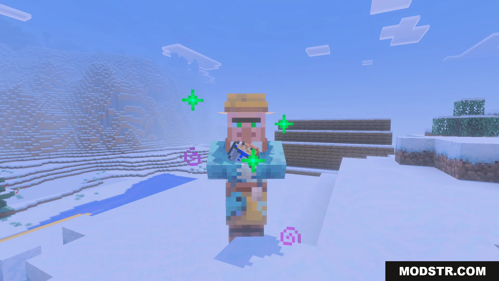 Infinite Trade Plus Addon Screenshot 4 Fisherman villager standing in a snowy biome with green and purple particles