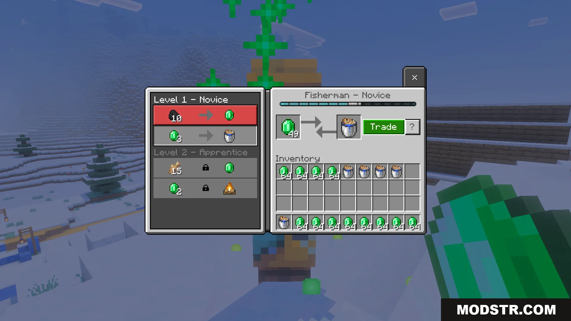 Infinite Trade Plus Addon Screenshot 2 Fisherman villager trading interface with stacks of emeralds and buckets of cod