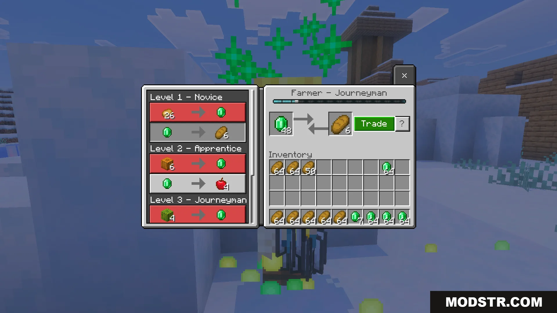 Infinite Trade Plus Addon Screenshot 10 Farmer journeyman villager trading interface with unlocked level three trades in Minecraft