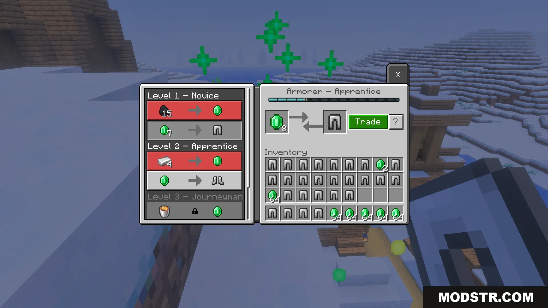 Infinite Trade Plus Addon Screenshot 6 Apprentice armorer trading interface with an inventory full of iron helmets and emeralds