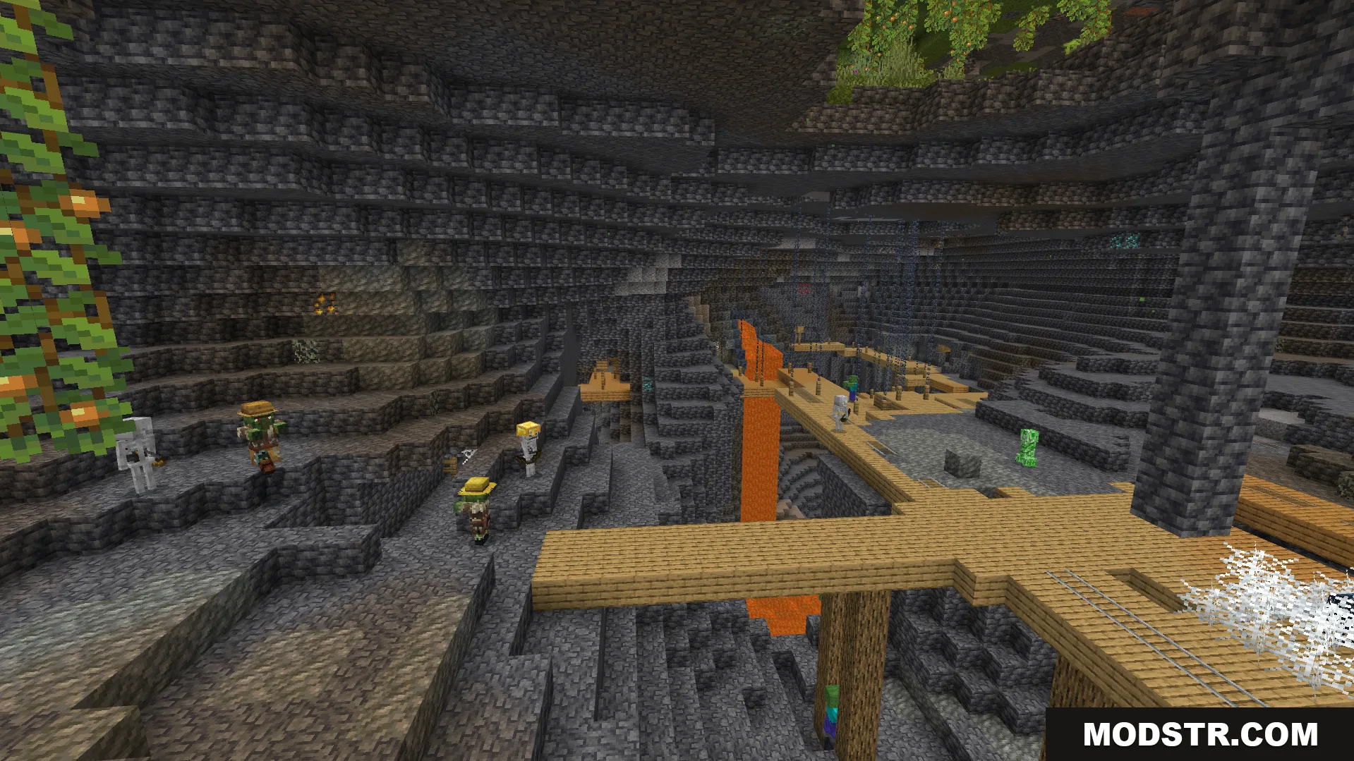 brightly lit deep cave showing suspended wooden mineshafts lava and hostile mobs
