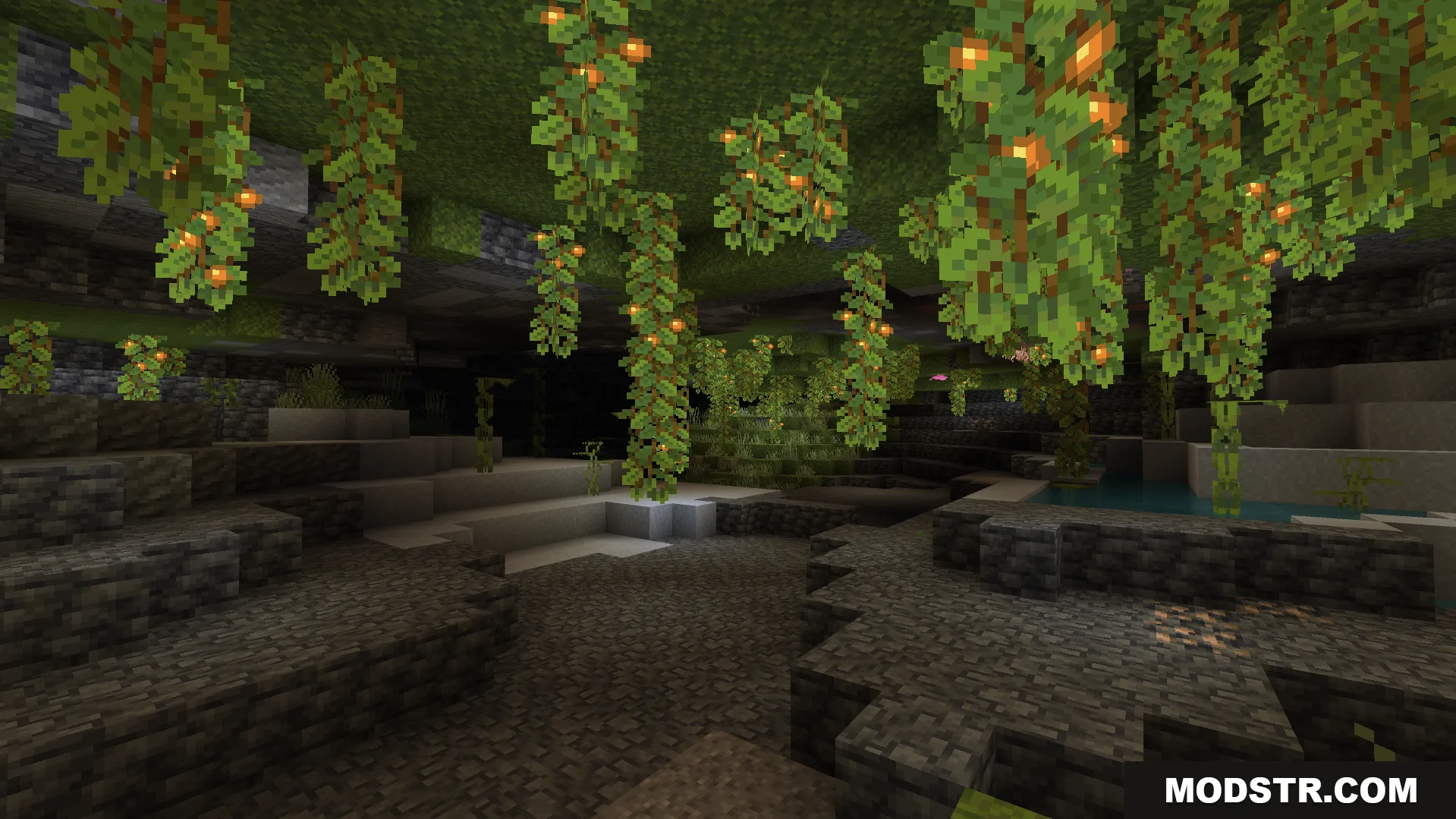 Dark lush cave illuminated by glowing berries hanging from ceiling