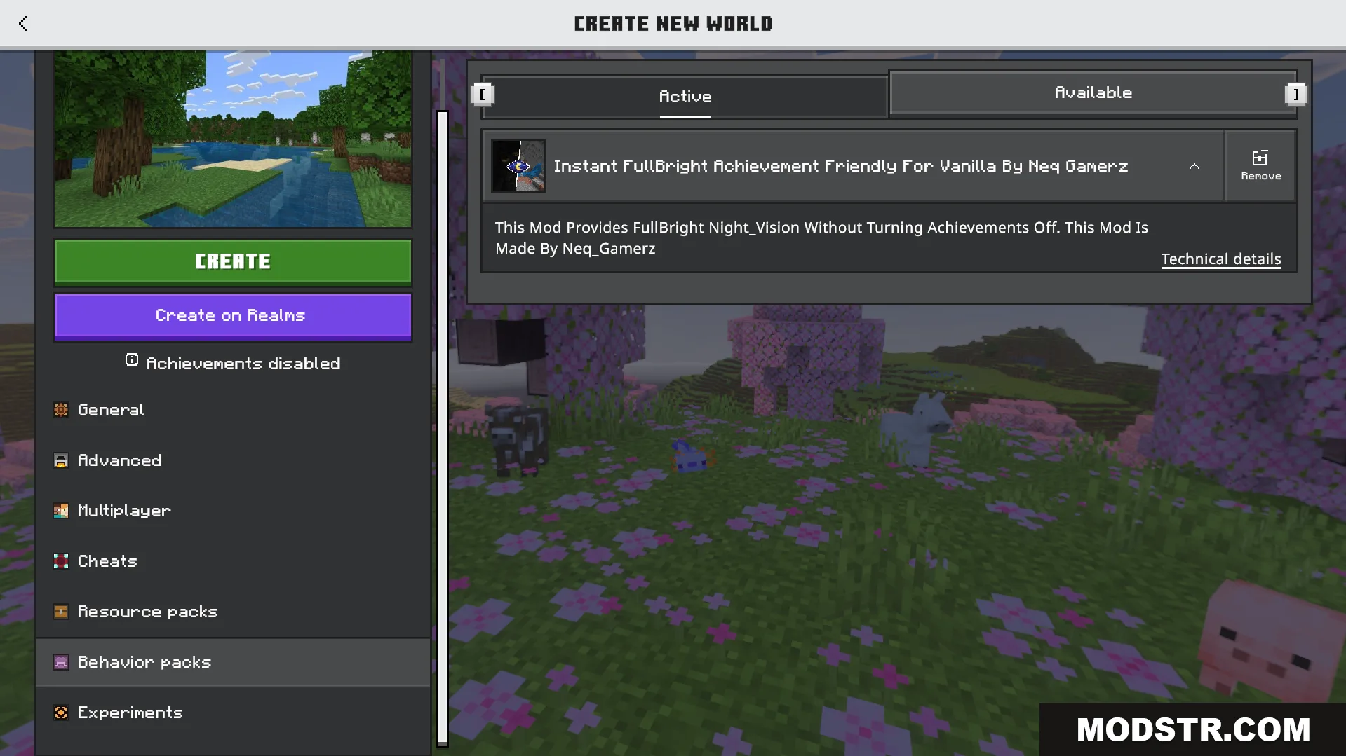 Activating the fullbright behavior pack in the world creation menu settings