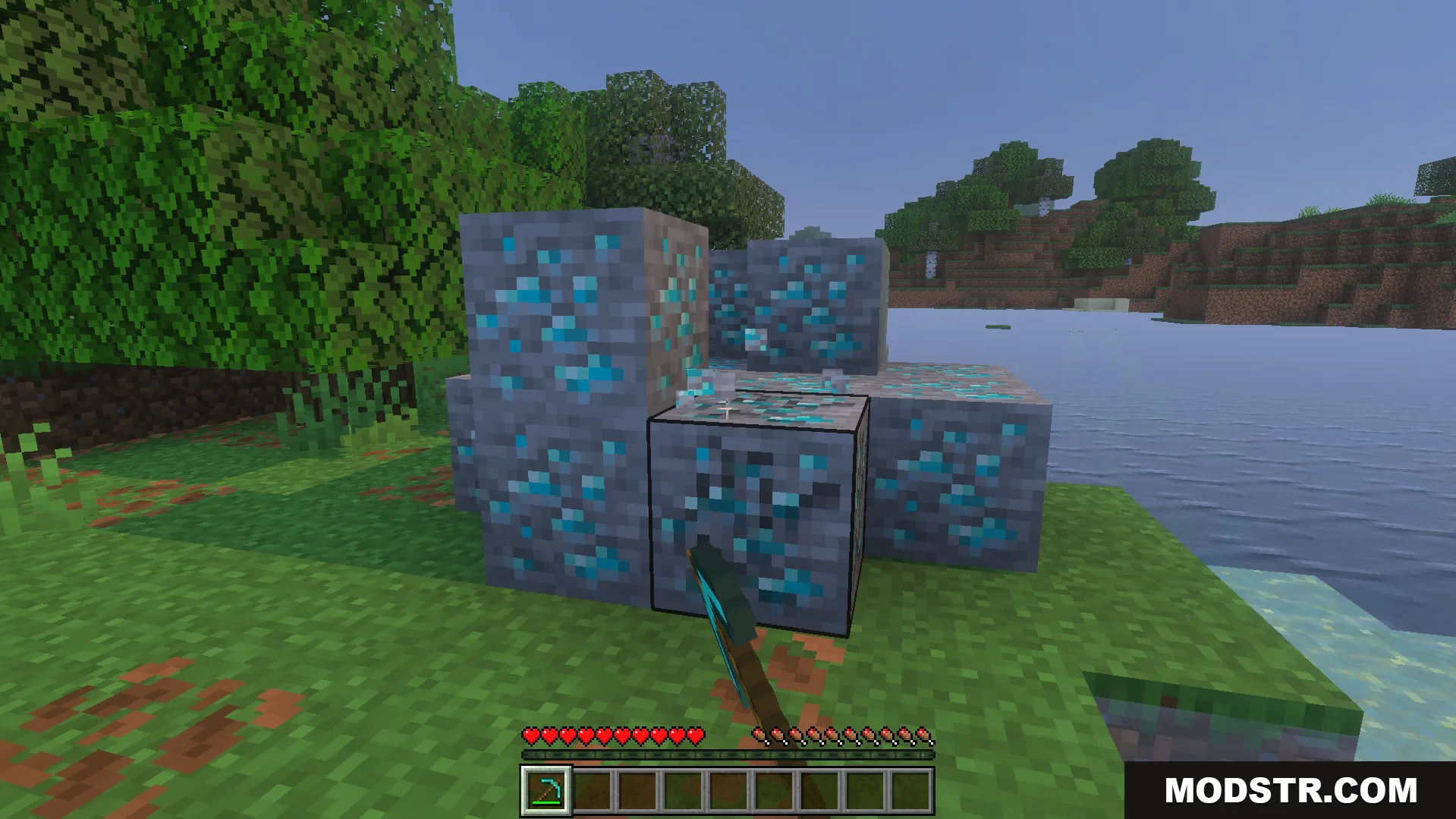 Instant Miner Plus Addon Screenshot 4 Diamond ores being mined quickly with a pickaxe