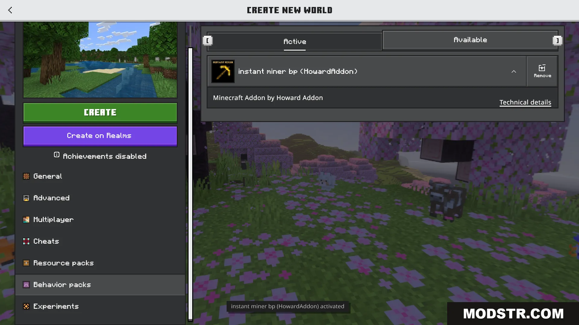 Instant Miner Plus Addon Screenshot 1 Minecraft Bedrock world creation screen showing behavior packs menu