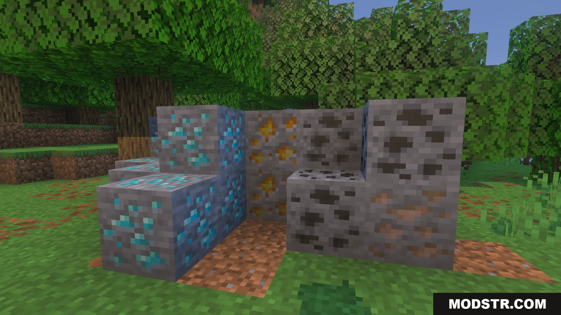 Instant Miner Plus Addon Screenshot 7 Various ore blocks placed together on the grass for mining
