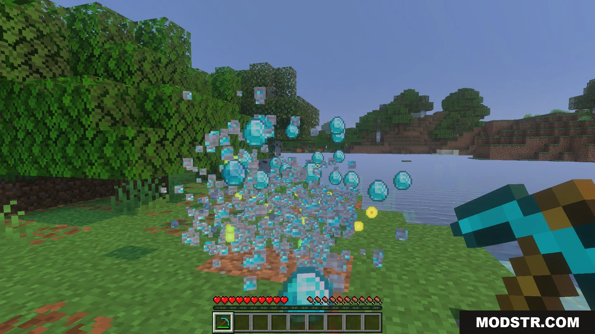 Instant Miner Plus Addon Screenshot 5 Player instantly breaking ores creating a large cloud of diamond items