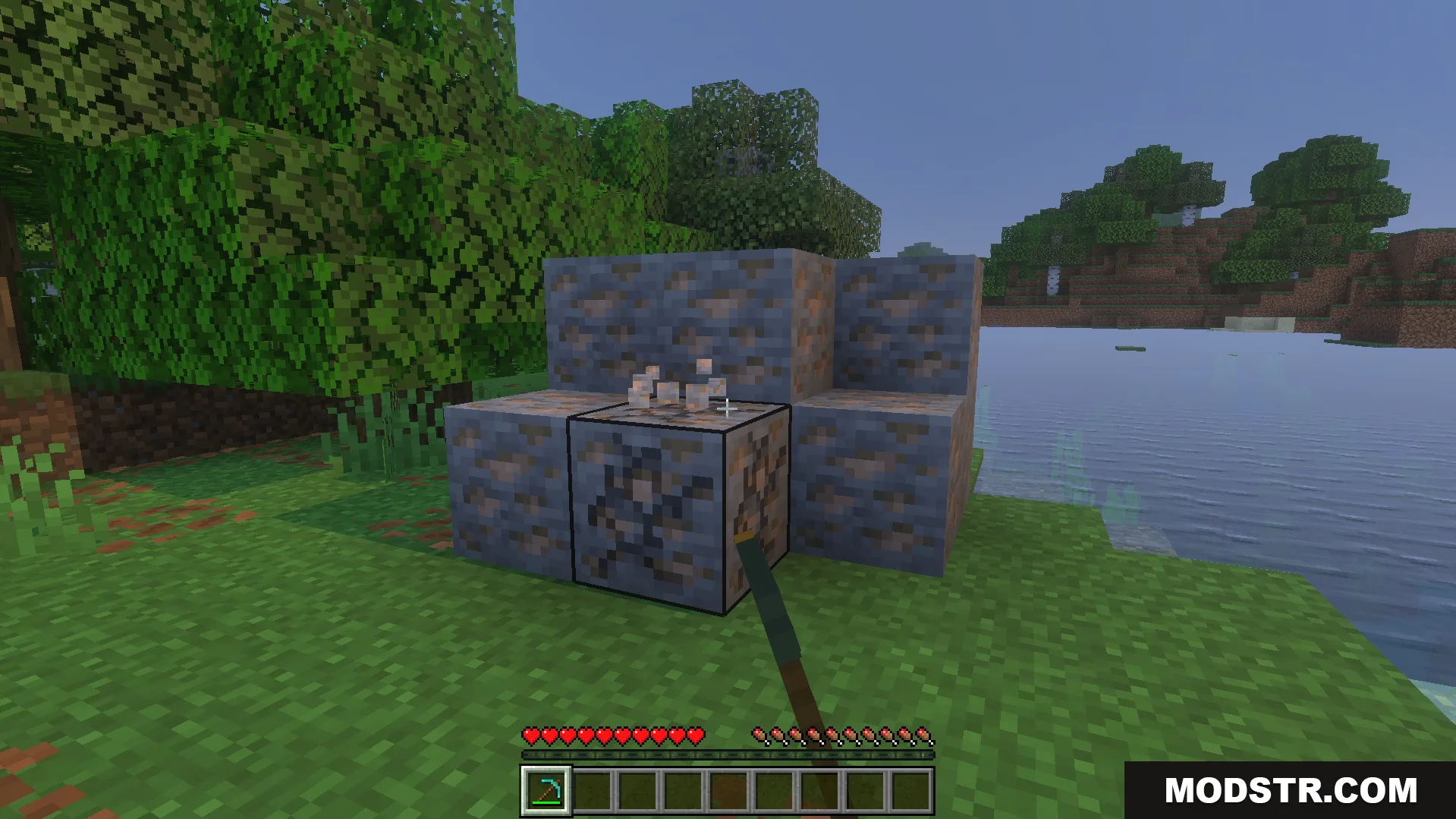 Instant Miner Plus Addon Screenshot 2 Player mining iron ore blocks with a pickaxe in survival mode