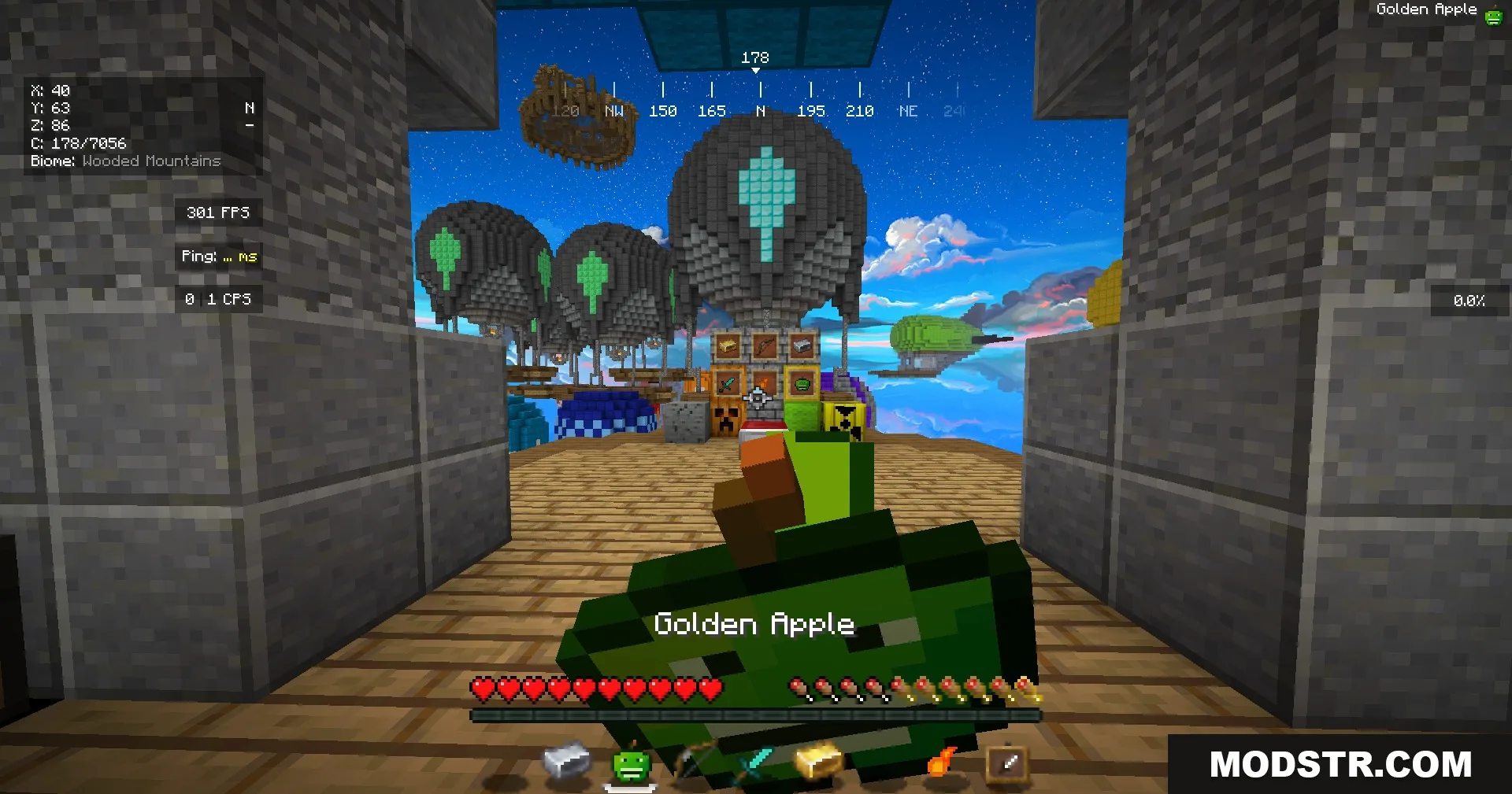 Jef's Better Bedwars Jefwars Resource Pack Screenshot 1 A player holds a custom green Golden Apple item in a floating arena