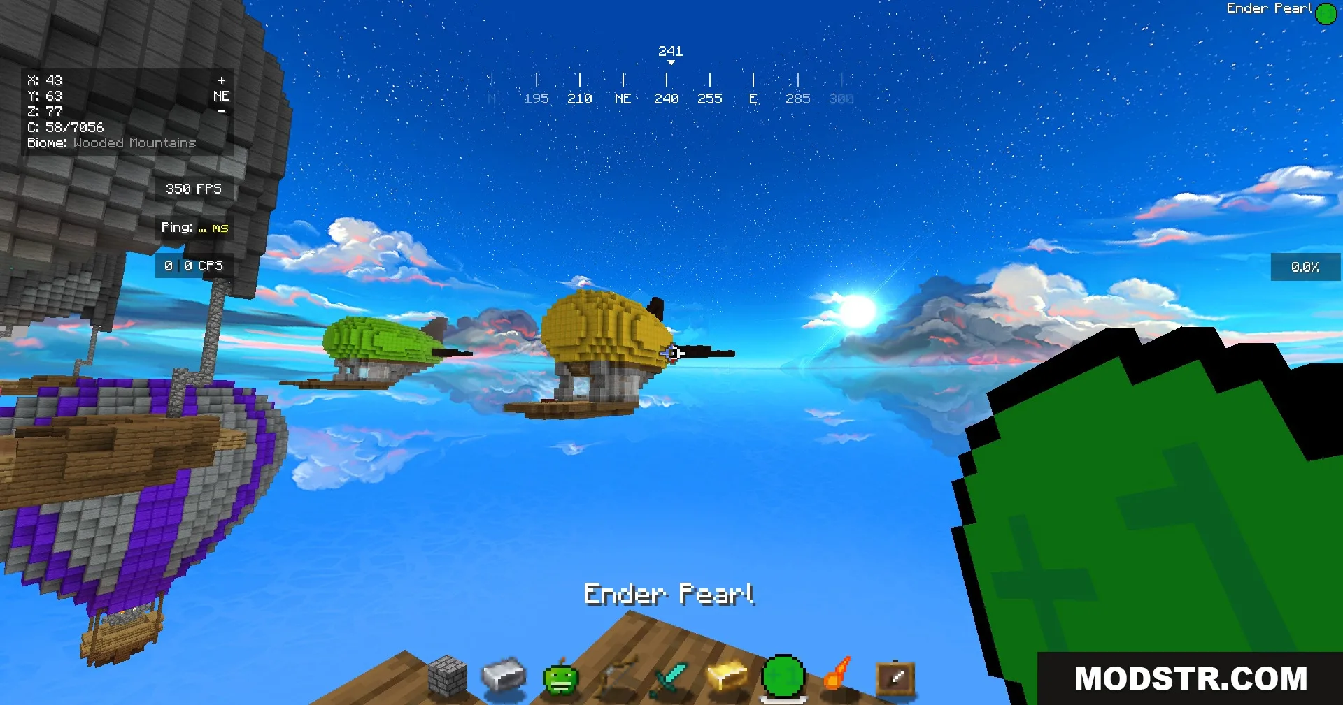 Jef's Better Bedwars Jefwars Resource Pack Screenshot 4 A player holding a green ender pearl overlooking several floating airships