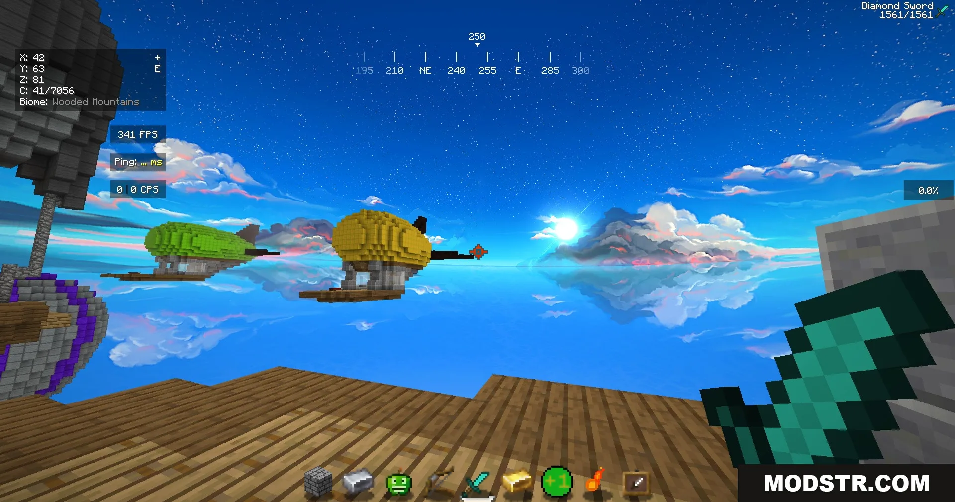 Jef's Better Bedwars Jefwars Resource Pack Screenshot 2 A player holds a short diamond sword overlooking a vast sky with airships