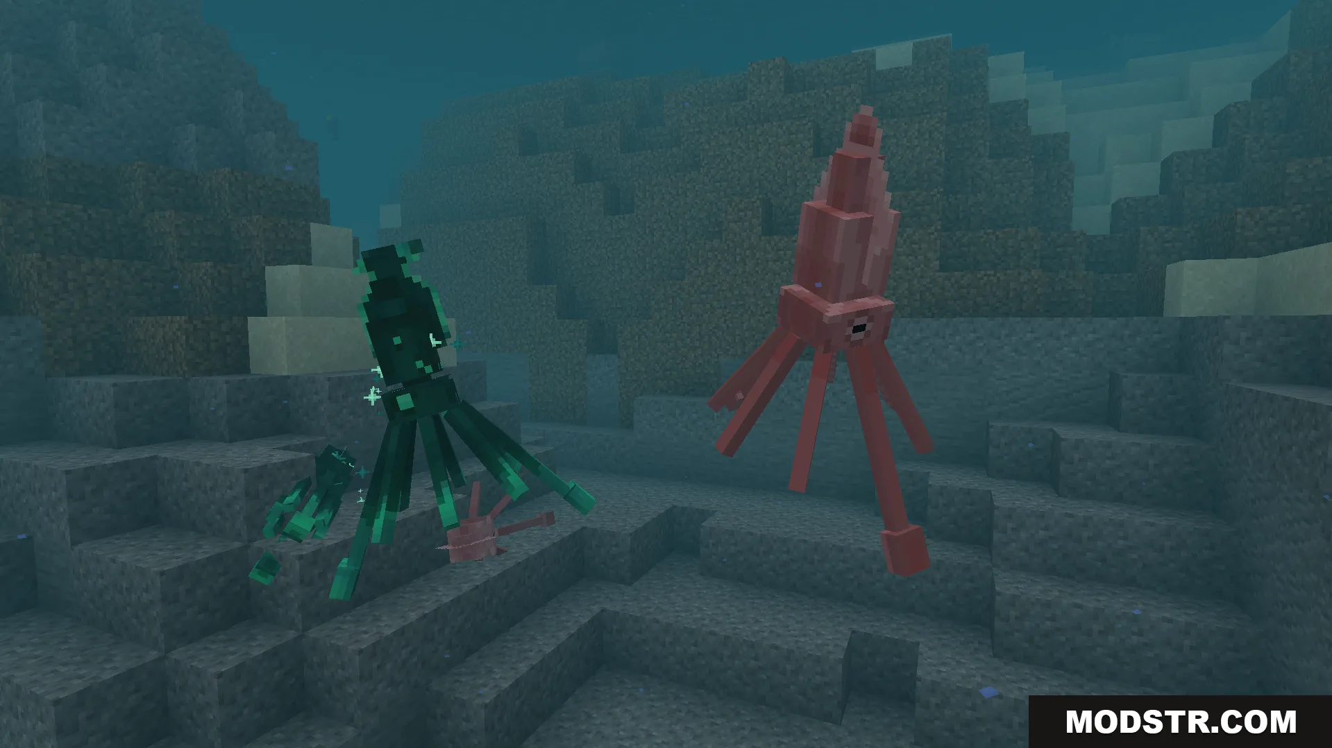 Glow squid and pink squid swimming together in the deep blue ocean water