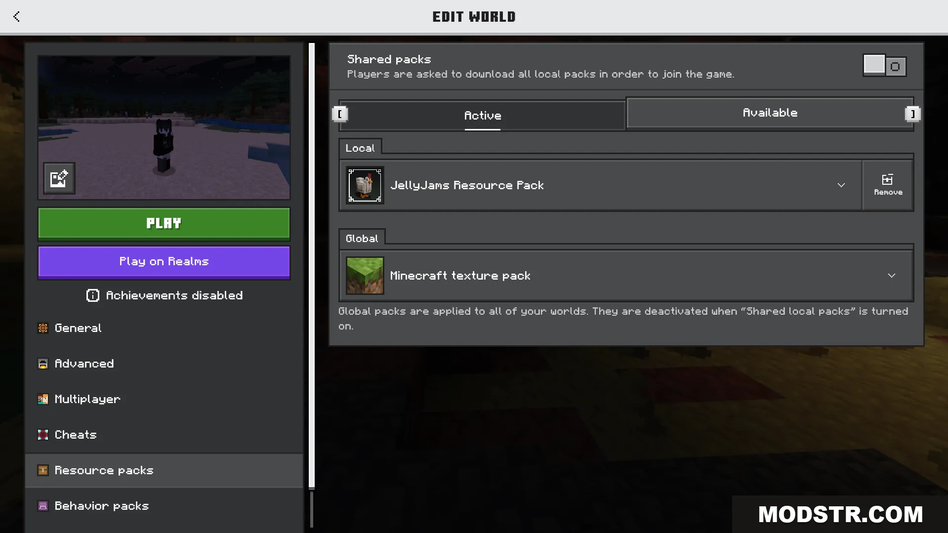 Minecraft menu interface showing the active JellyJams Resource Pack in world settings