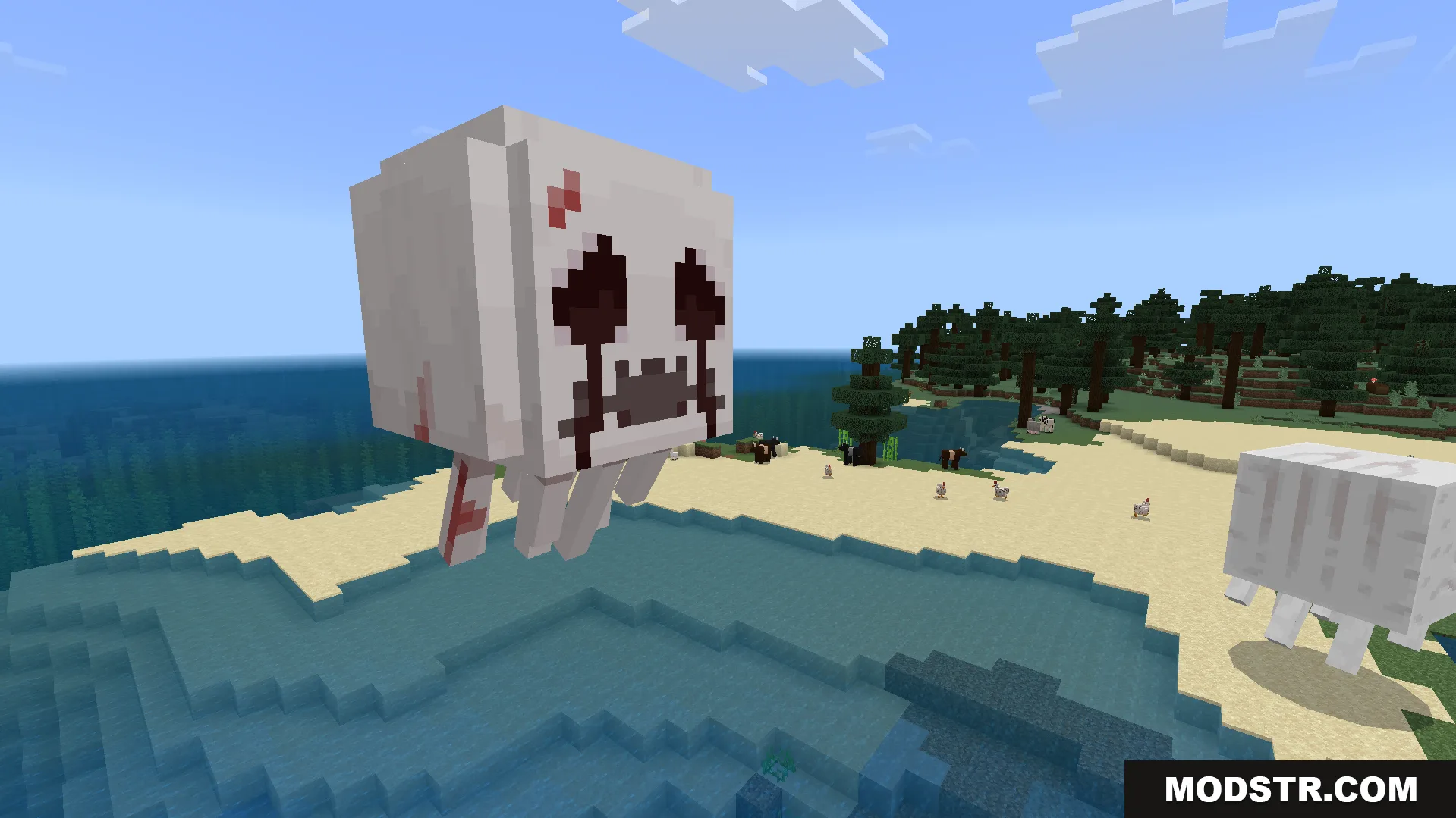 Scary ghast with red tears and a glowing mouth floating above the beach