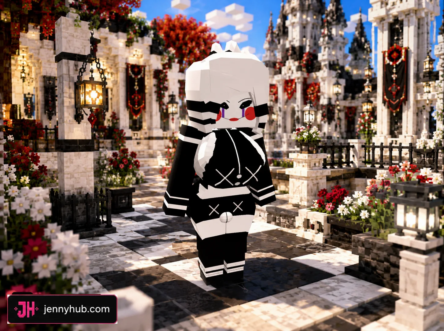Allie character skin variant in a Minecraft village scene