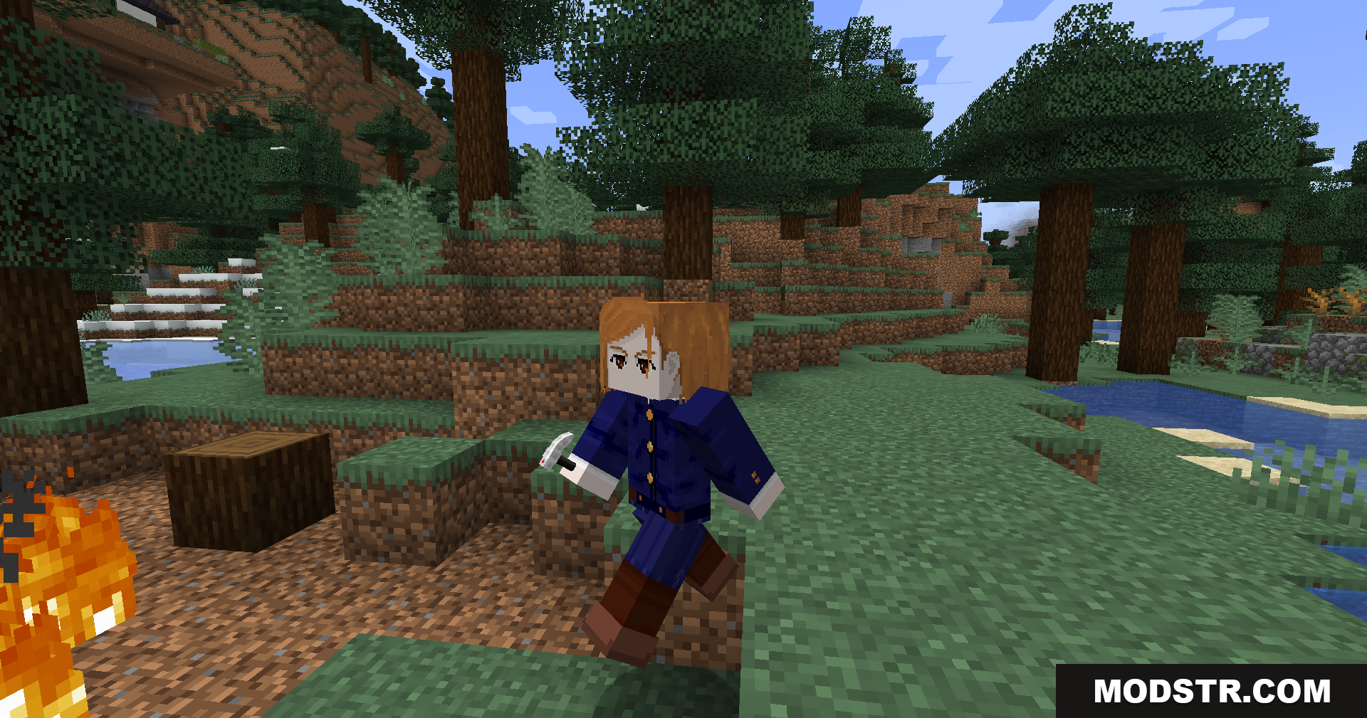 Jujutsu Kaisen Ultimate Plus Mod Screenshot 17 Nobara Kugisaki character running through a Minecraft forest biome