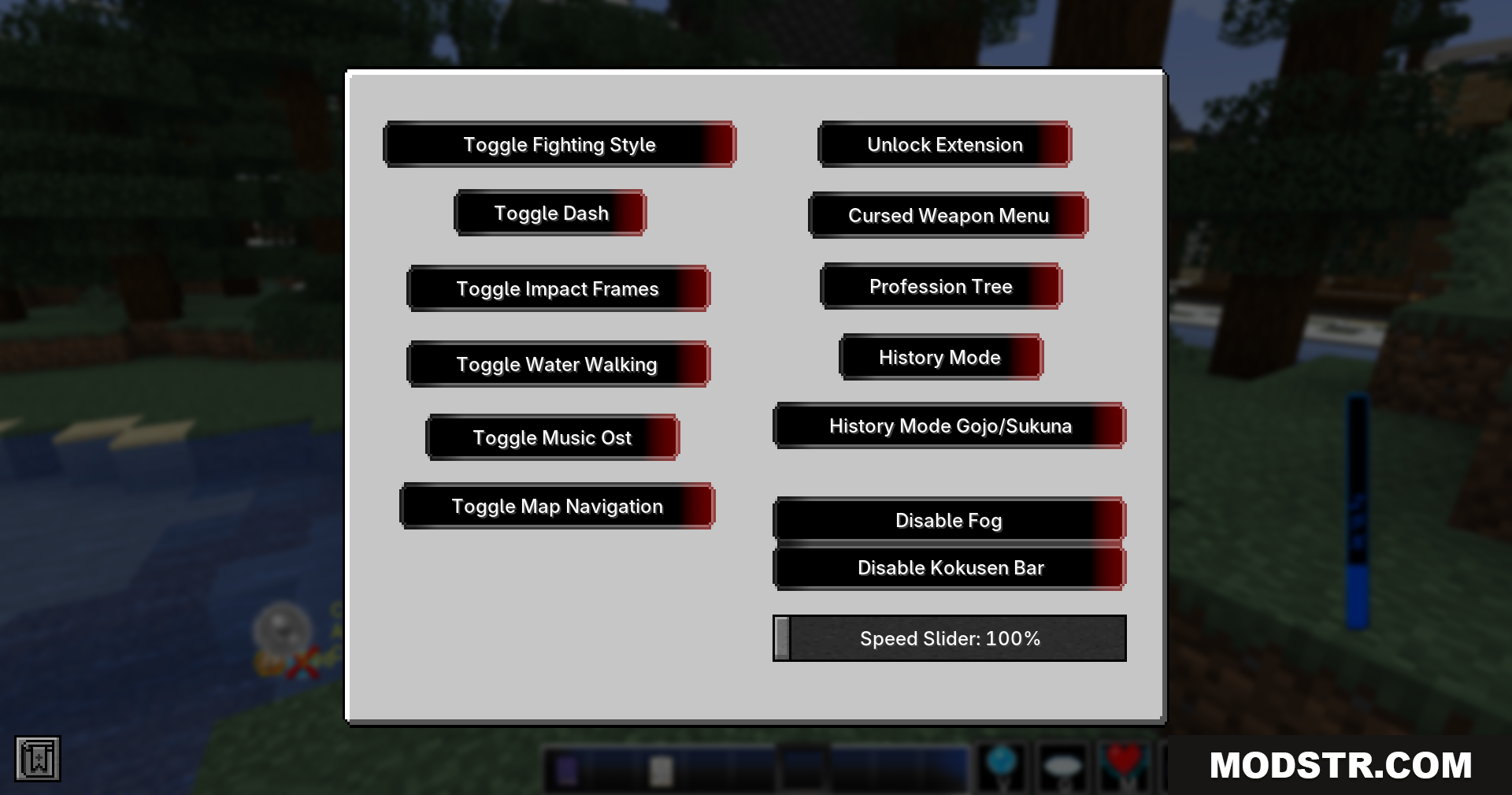 Jujutsu Kaisen Ultimate Plus Mod Screenshot 11 In-game settings menu with various toggleable abilities and options