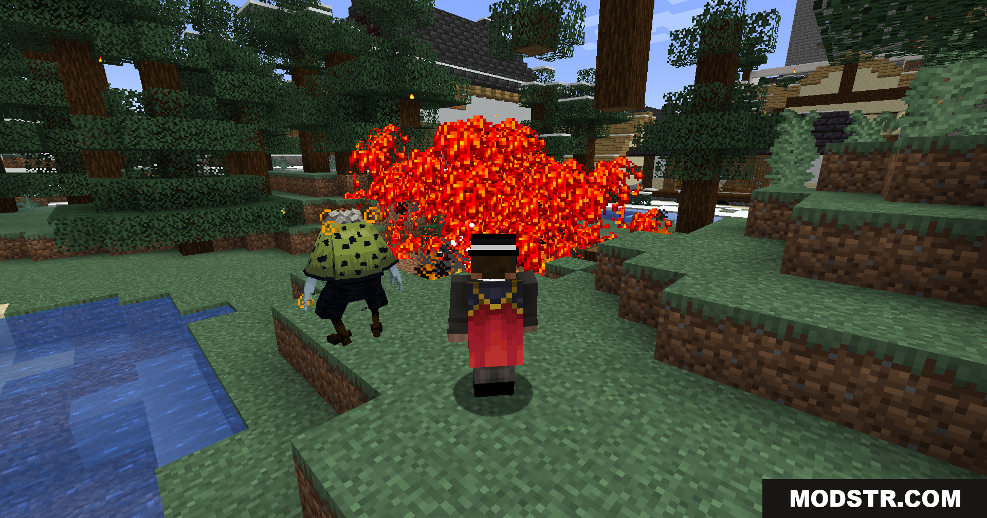 Jujutsu Kaisen Ultimate Plus Mod Screenshot 12 Player facing off against a fiery cursed spirit mob