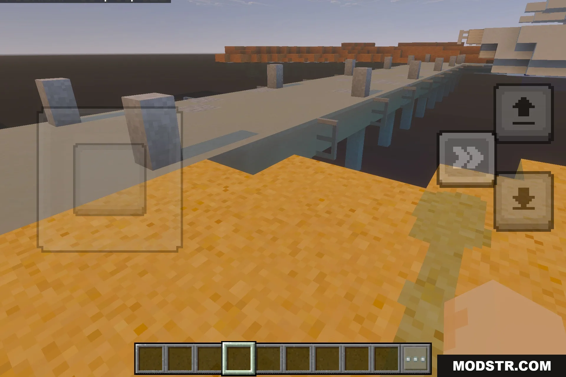Jurassic World DISCONTINUED ~~ MrMaza4 Map Screenshot 5 A long stone bridge and walkway structure built over water in Minecraft