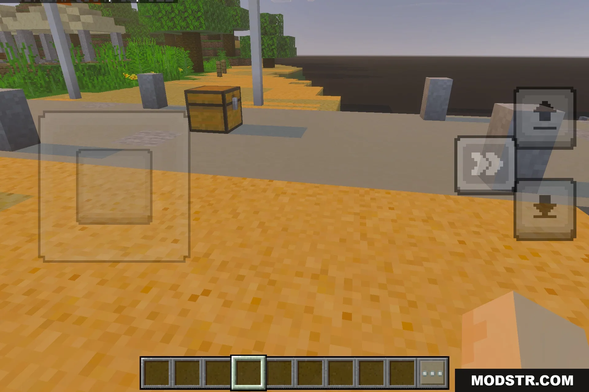 Jurassic World DISCONTINUED ~~ MrMaza4 Map Screenshot 4 A wooden chest sits on a concrete walkway near trees and stone pillars