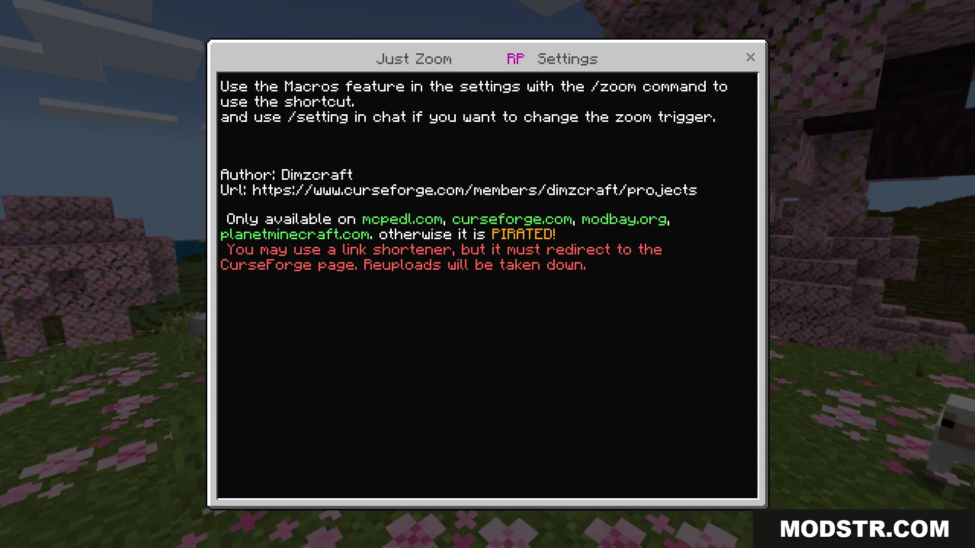 Just Zoom Addon Screenshot 1 Settings menu for Just Zoom addon showing author and usage instructions