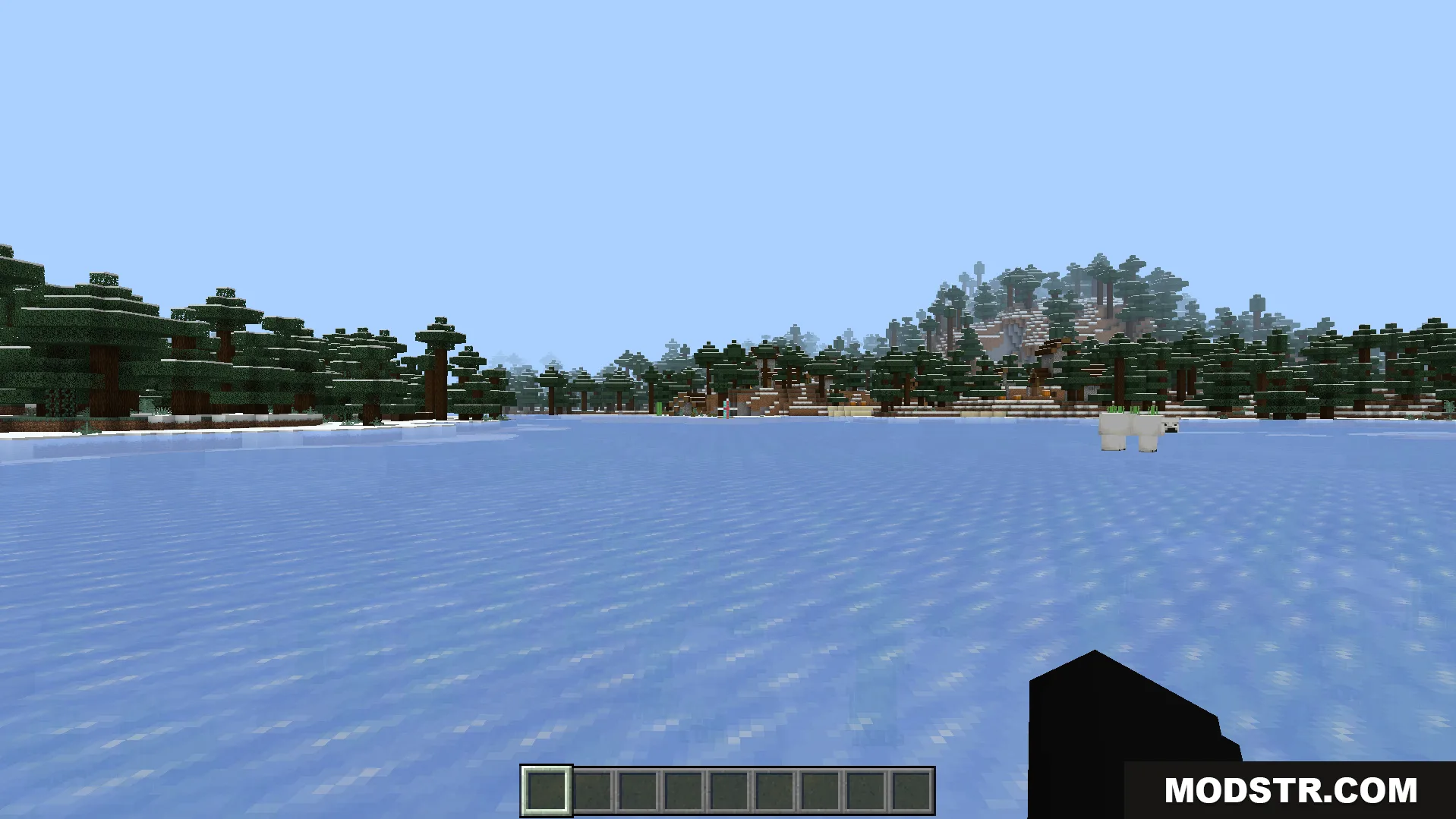 Just Zoom Addon Screenshot 4 A frozen lake surrounded by snowy trees in a winter biome
