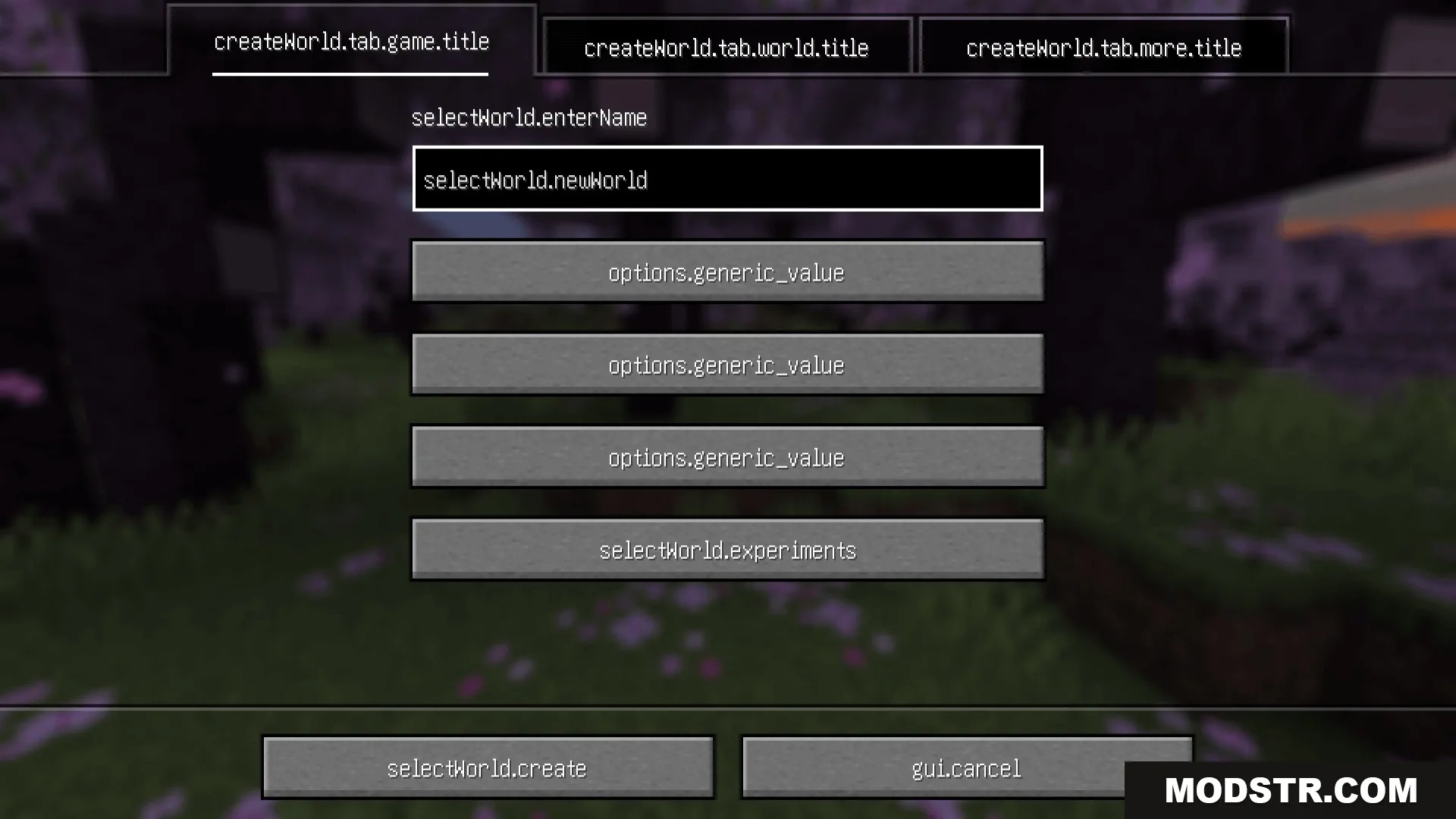 Minecraft create world screen displaying raw translation keys for all menu buttons
