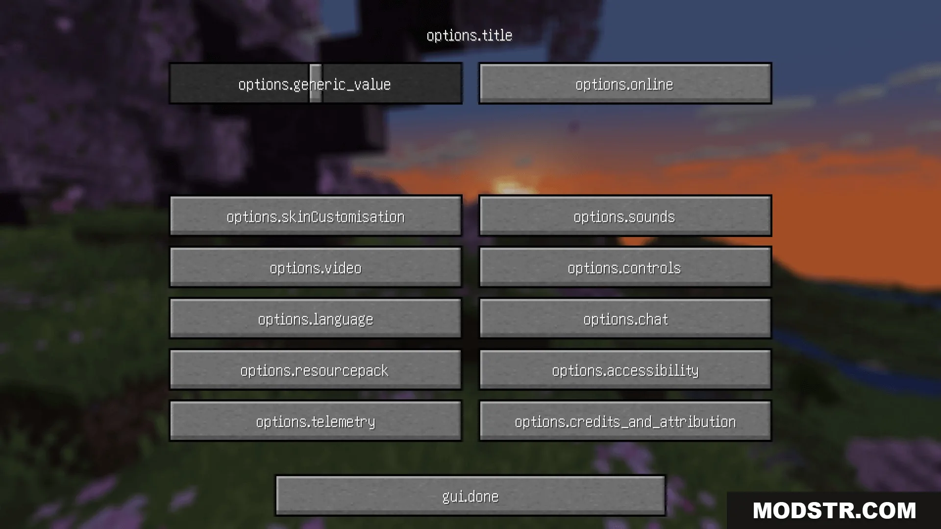 Minecraft options menu with button labels replaced by raw translation code keys