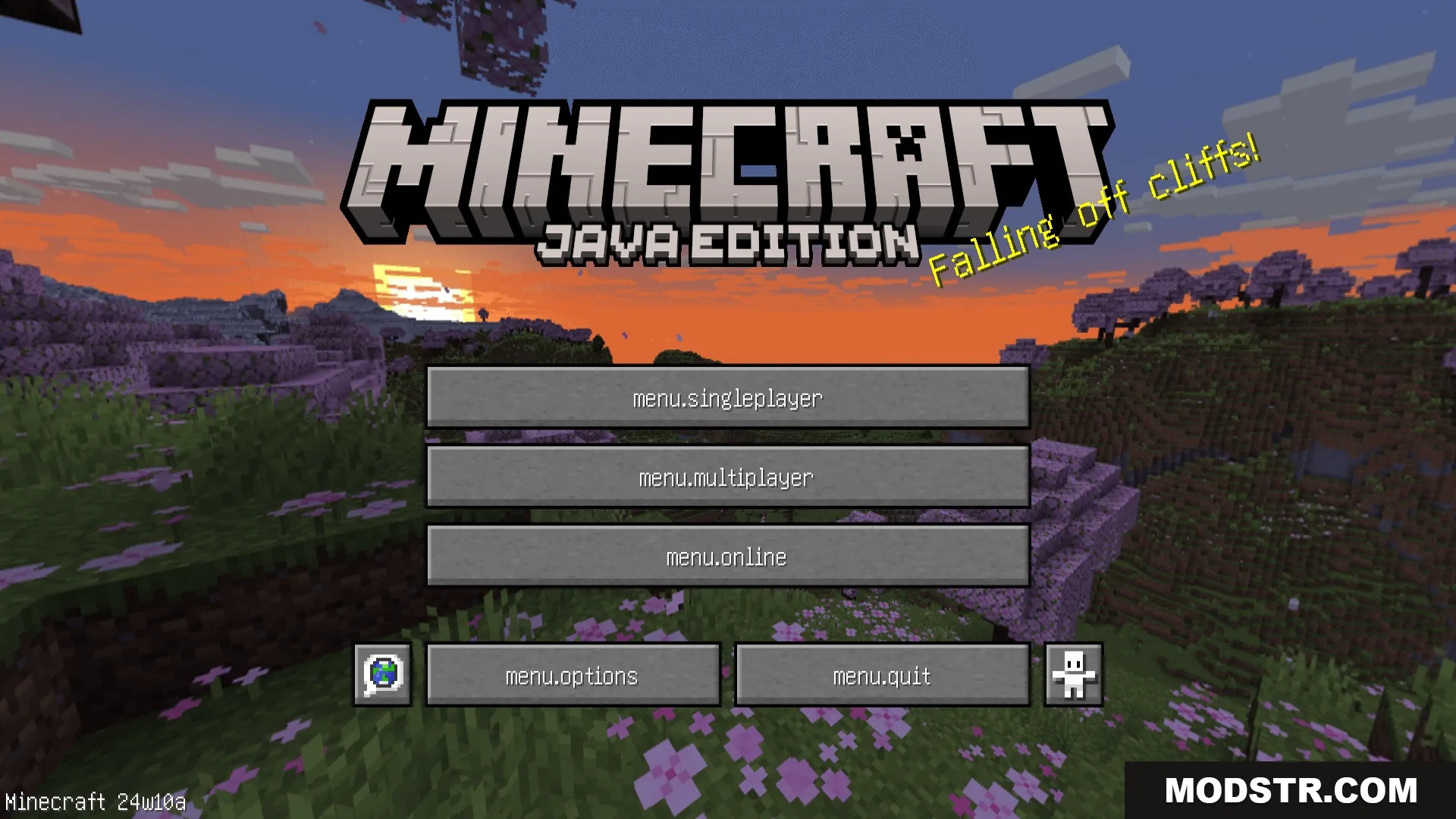 Minecraft main menu screen displaying raw translation keys on the game buttons