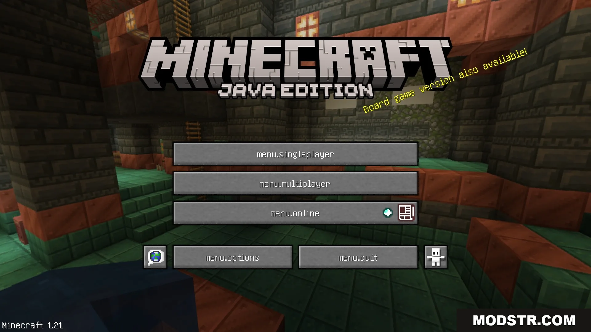 Minecraft main menu screen with buttons displaying raw translation code keys
