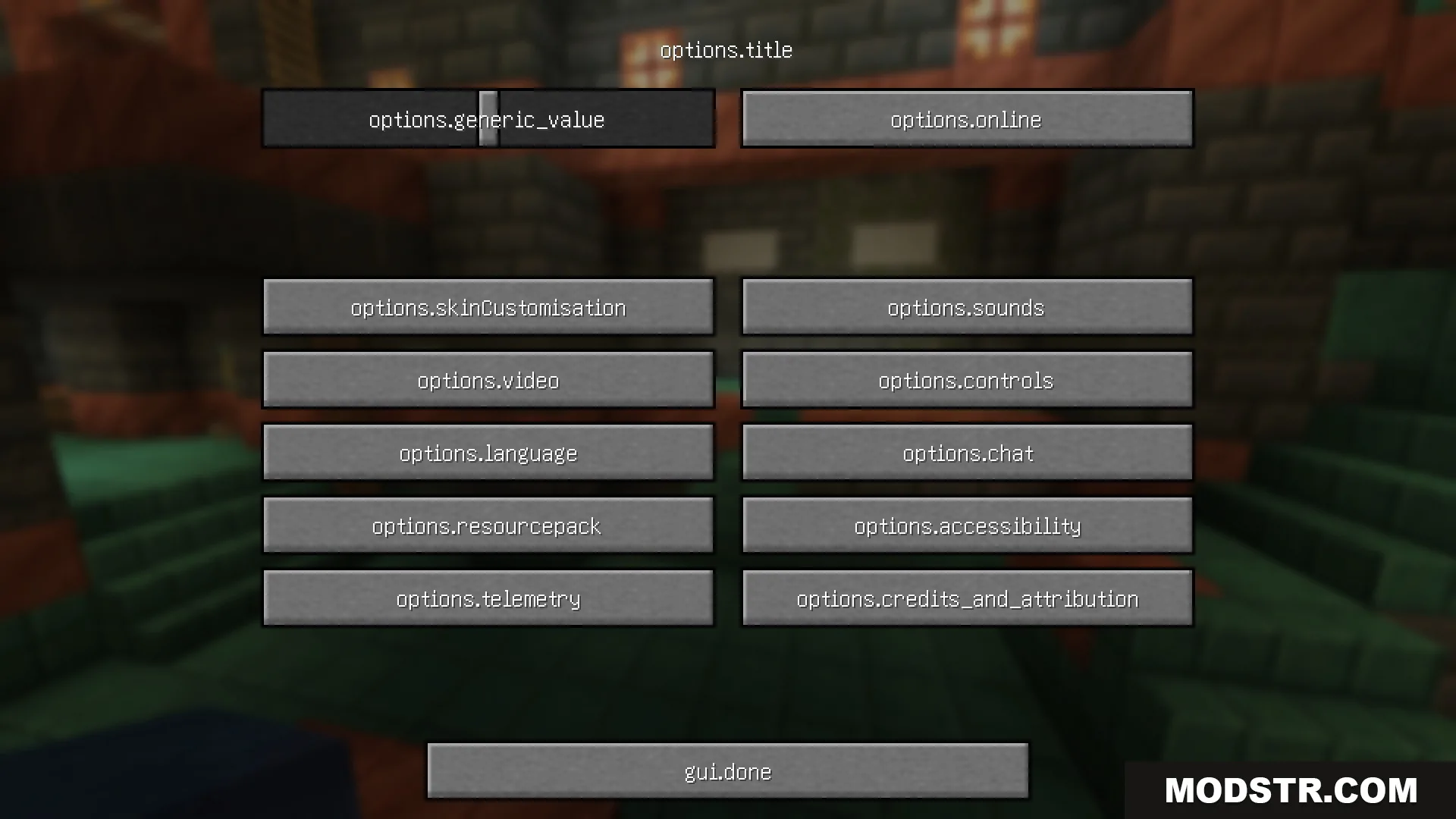Game settings menu showing raw translation keys for various options and buttons