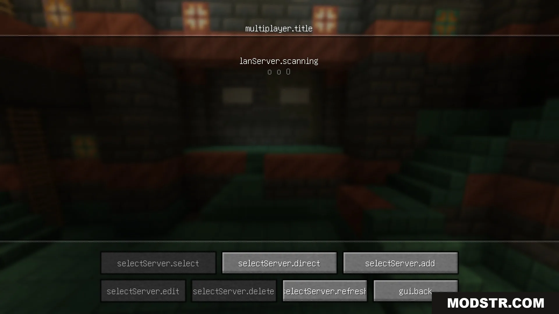 Multiplayer server selection screen showing technical translation keys for menu options