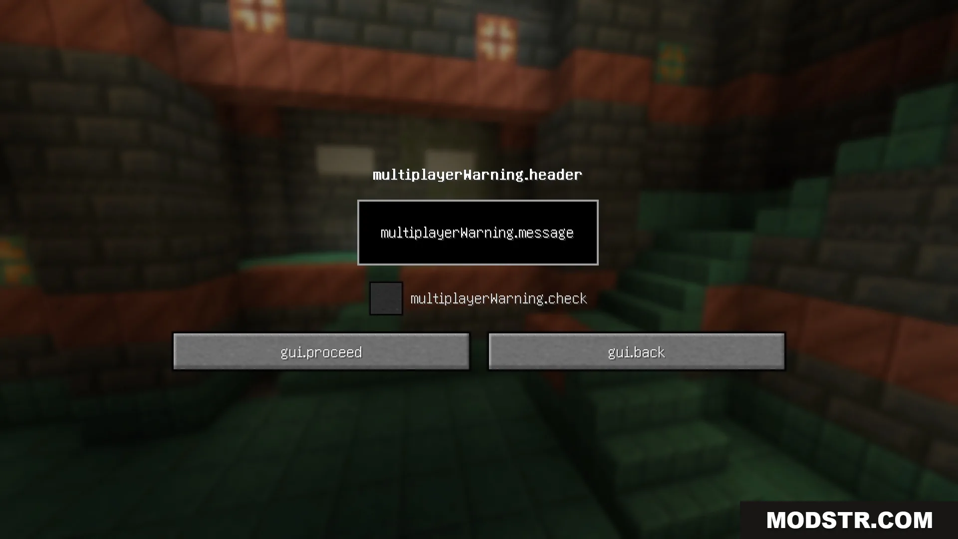 Multiplayer warning screen showing raw translation keys instead of normal text