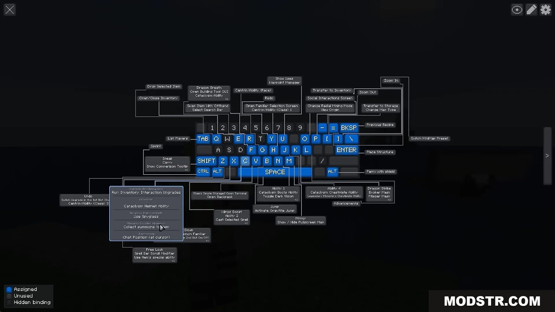 Keybind Atlas Mod Screenshot 2 Visual keyboard layout displaying assigned shortcuts and multiple action labels