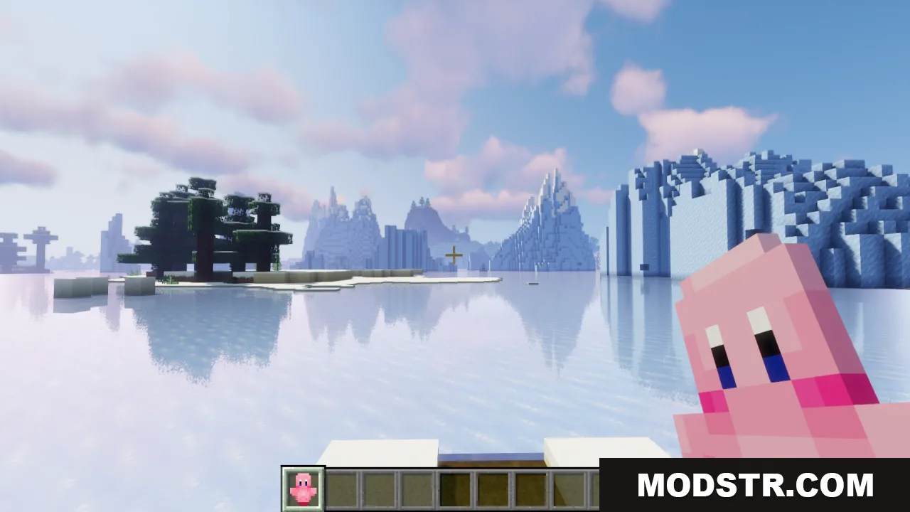 First person view of a pink Kirby totem held in an icy biome