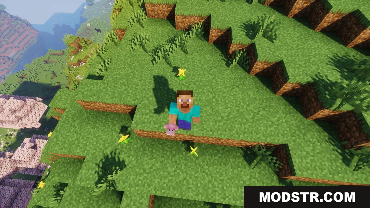 A player holds a pink Kirby totem while standing on a grassy cliff