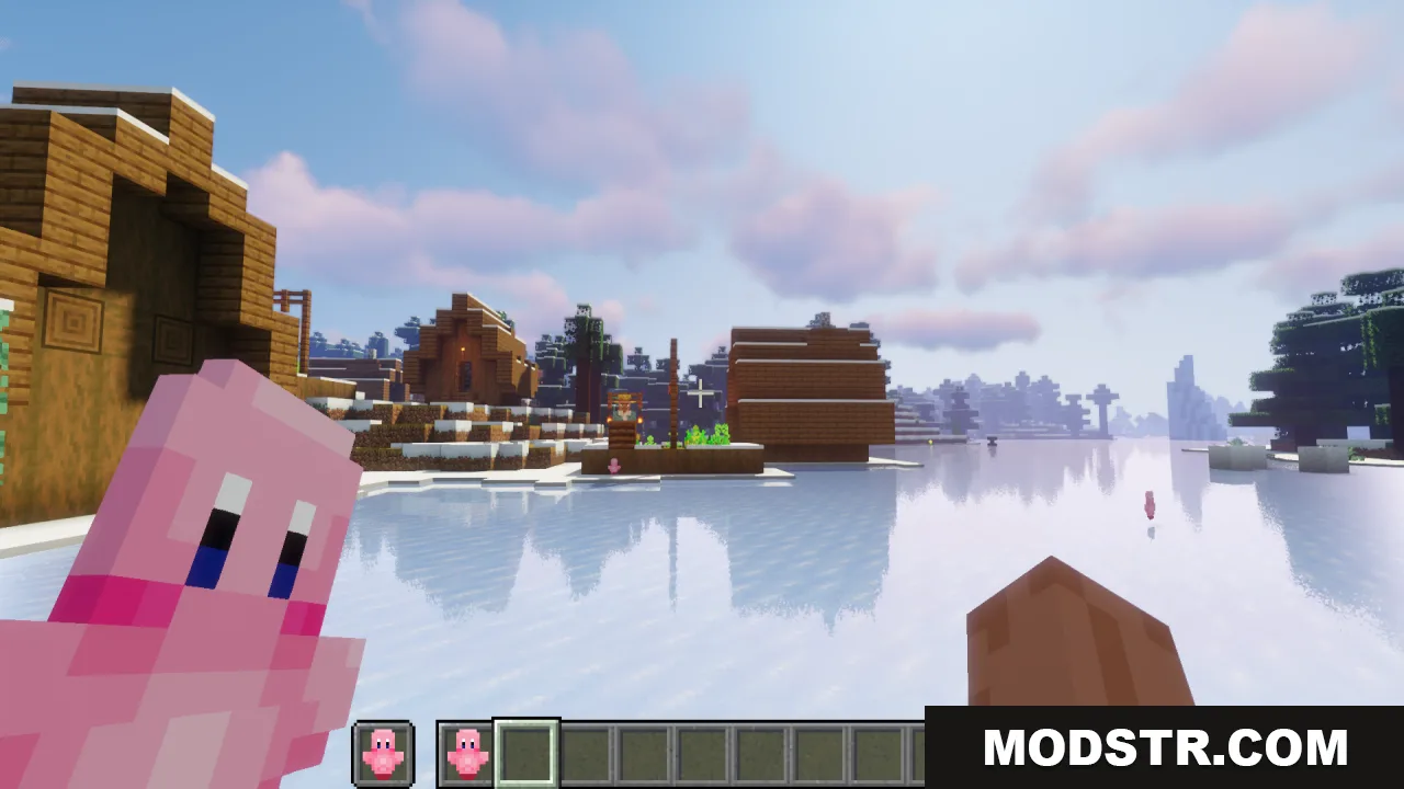 Player holding a Kirby Totem of Undying while looking at a snowy village