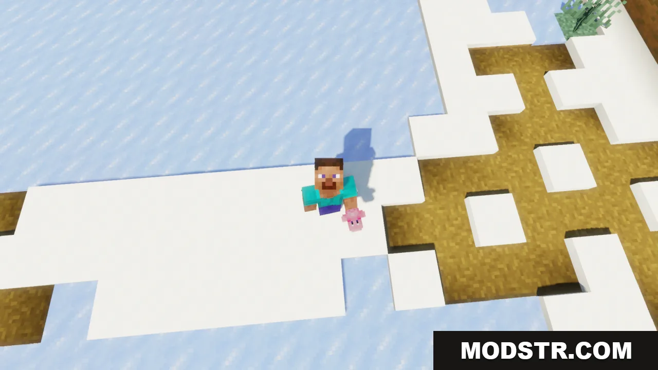 Top down view of Steve holding a small pink Kirby figure on snow