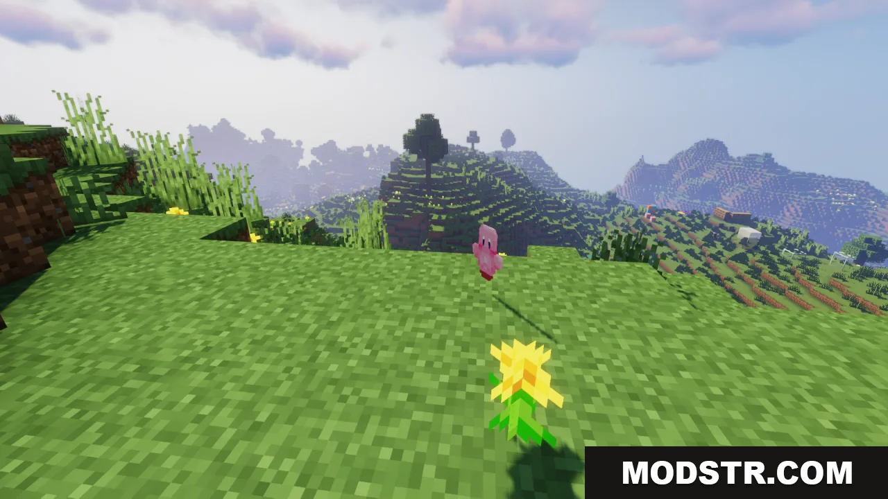 A pink Kirby figure floats above a grassy hill in a Minecraft world
