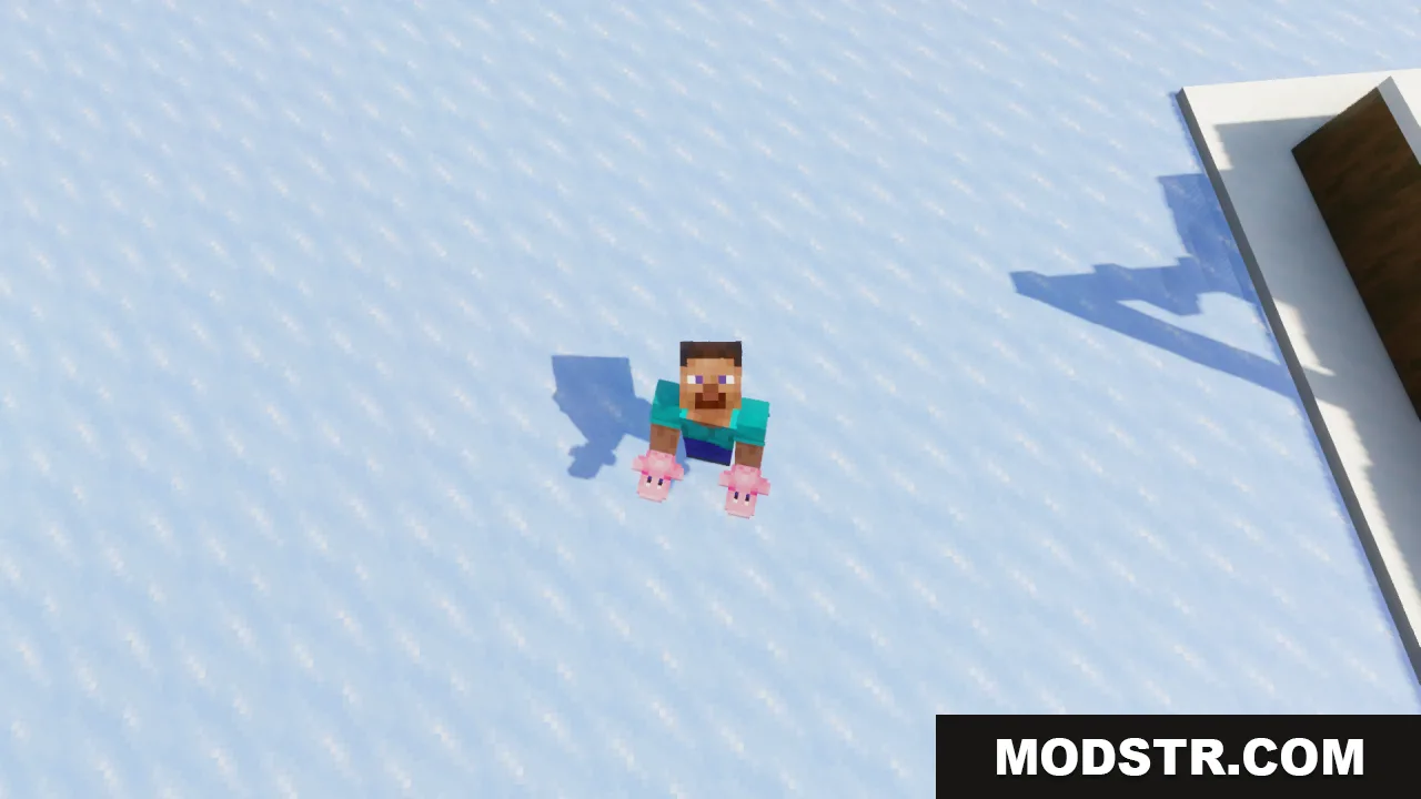 A Minecraft player holding two pink Kirby figures on a frozen lake