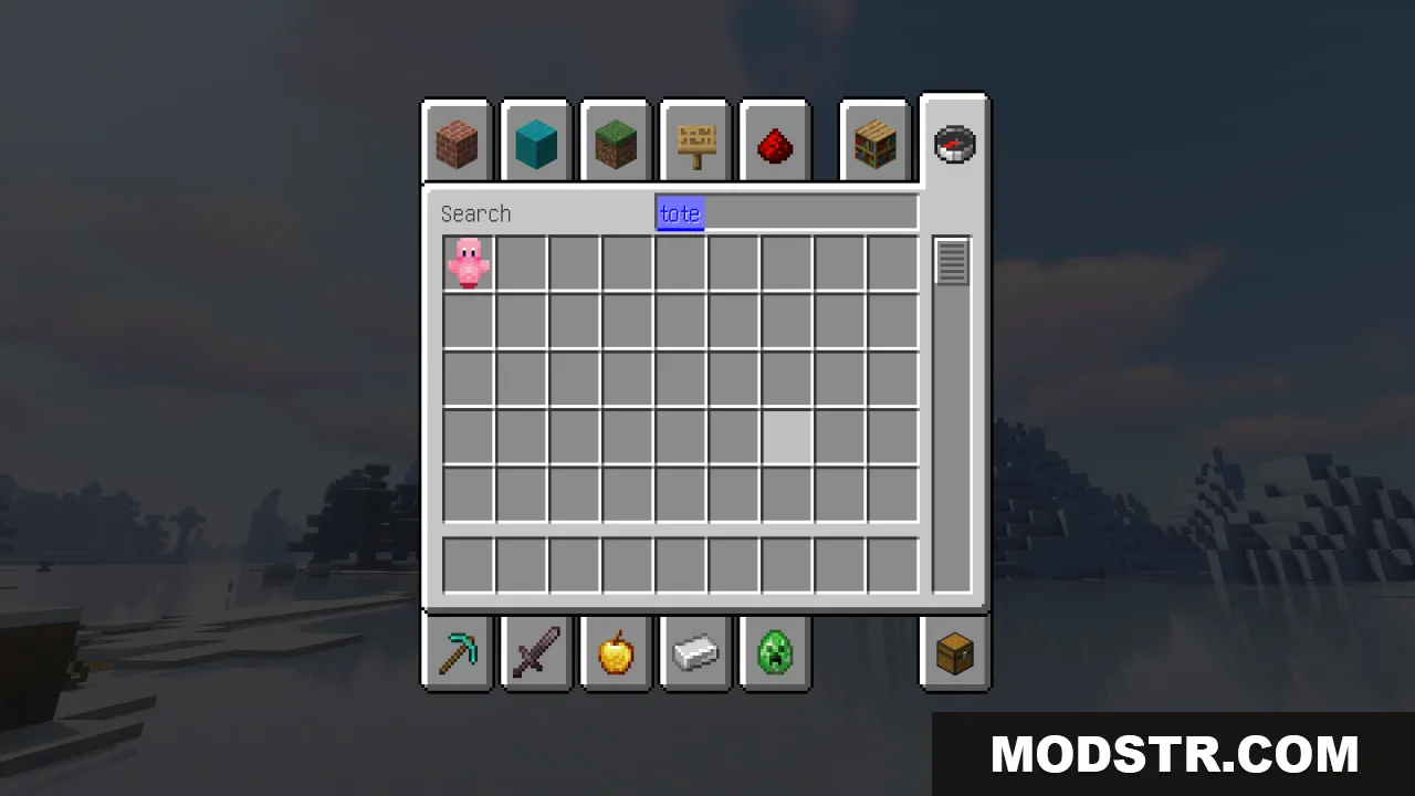 The Minecraft creative inventory displays a pink Kirby item in the search results