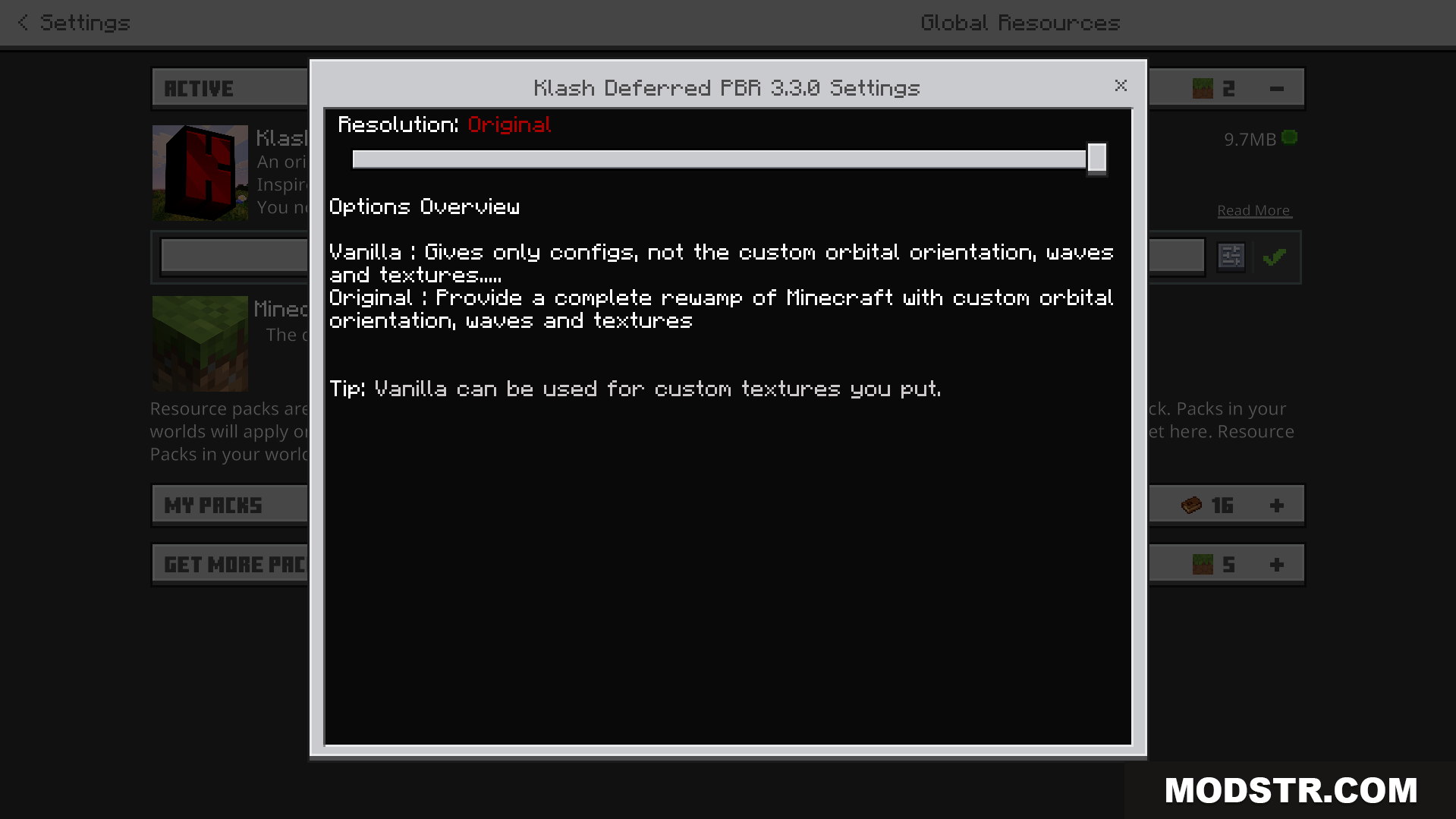 Klash Visuals Deferred PBR Texture Pack Screenshot 2 settings popup window displaying resolution slider and options overview text