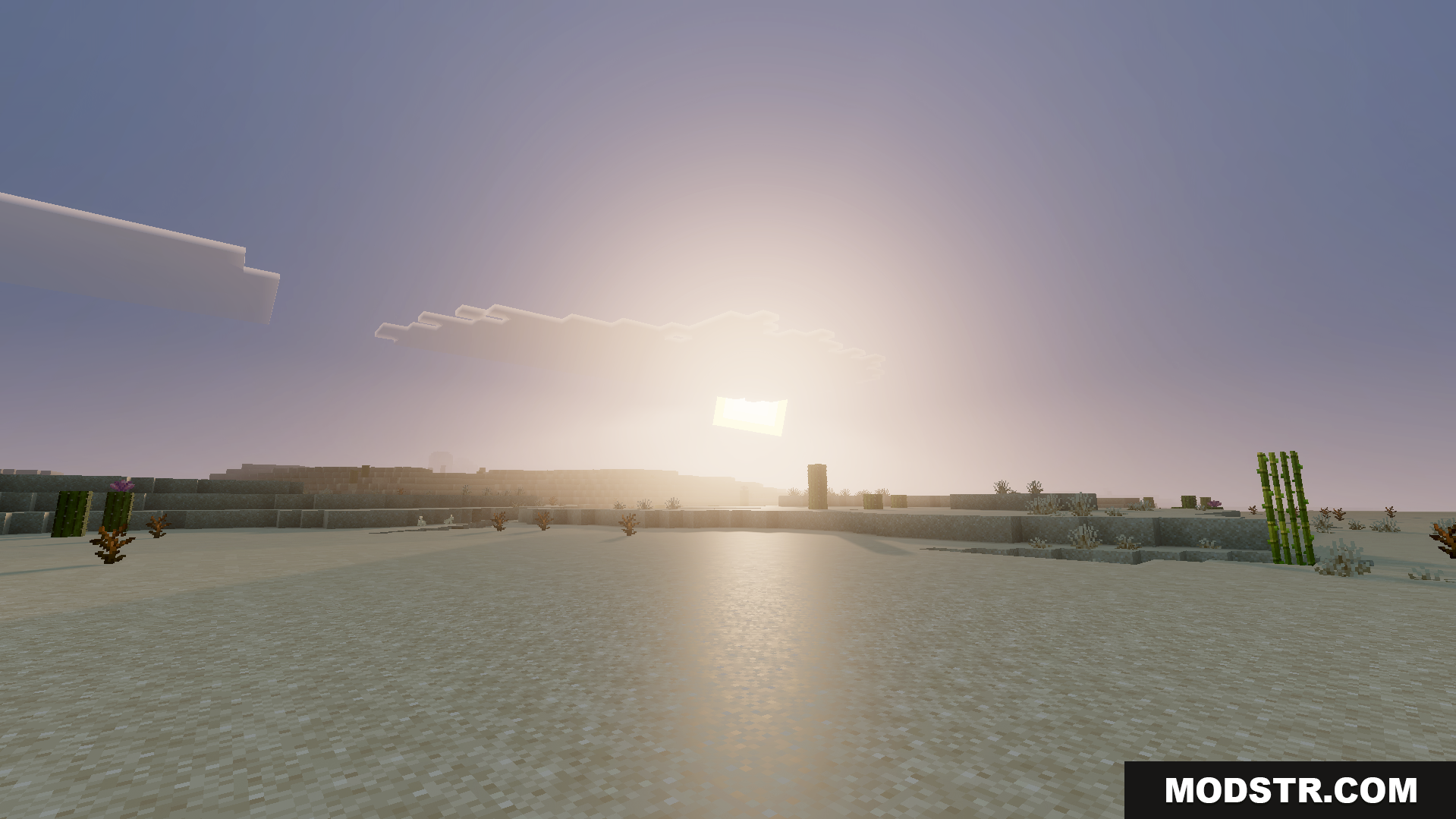 Klash Visuals Deferred PBR Texture Pack Screenshot 8 Bright sun setting over a sandy desert landscape with scattered vegetation